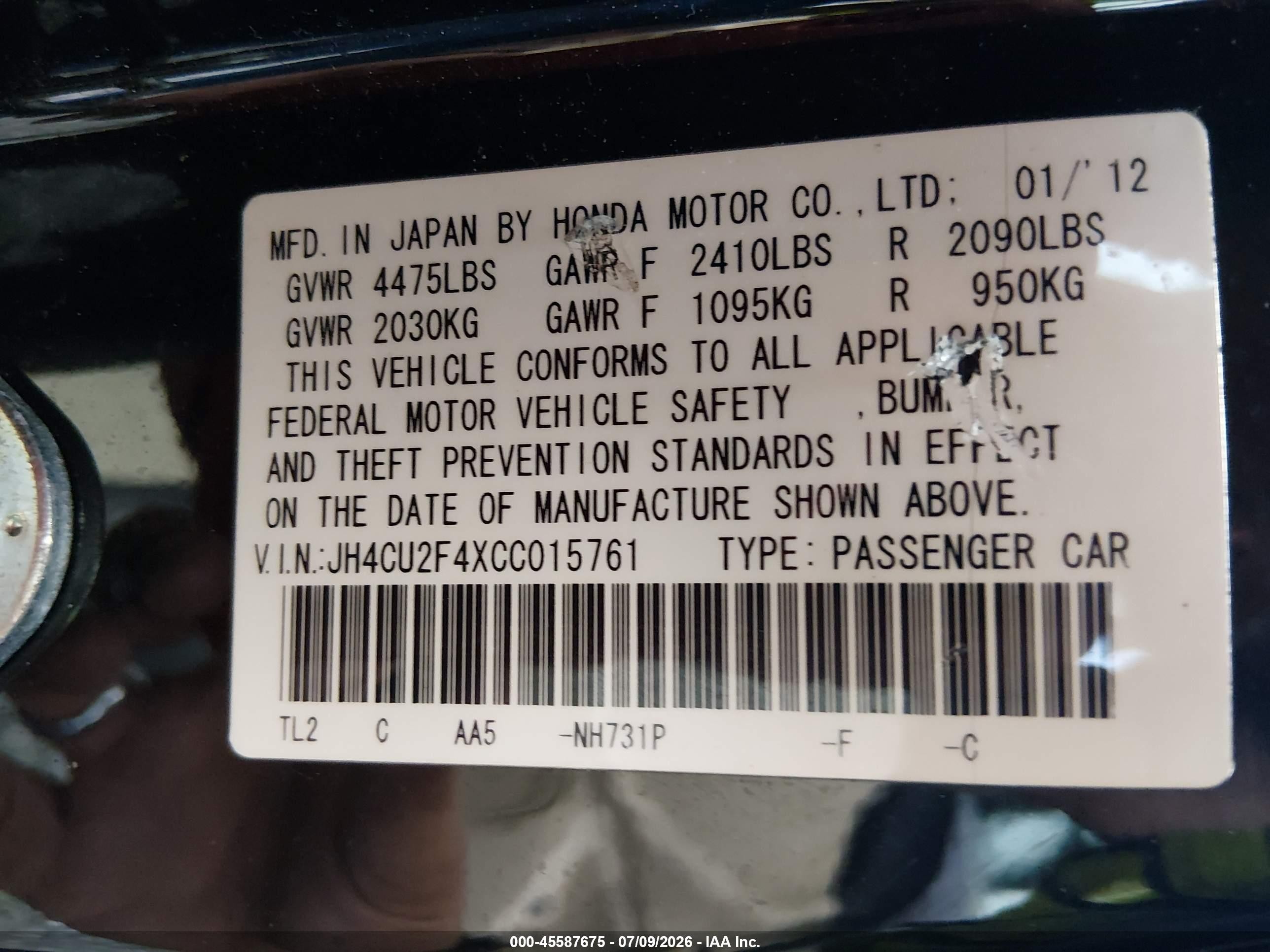 2012 Acura Tsx 2.4 Black vin: JH4CU2F4XCC015761