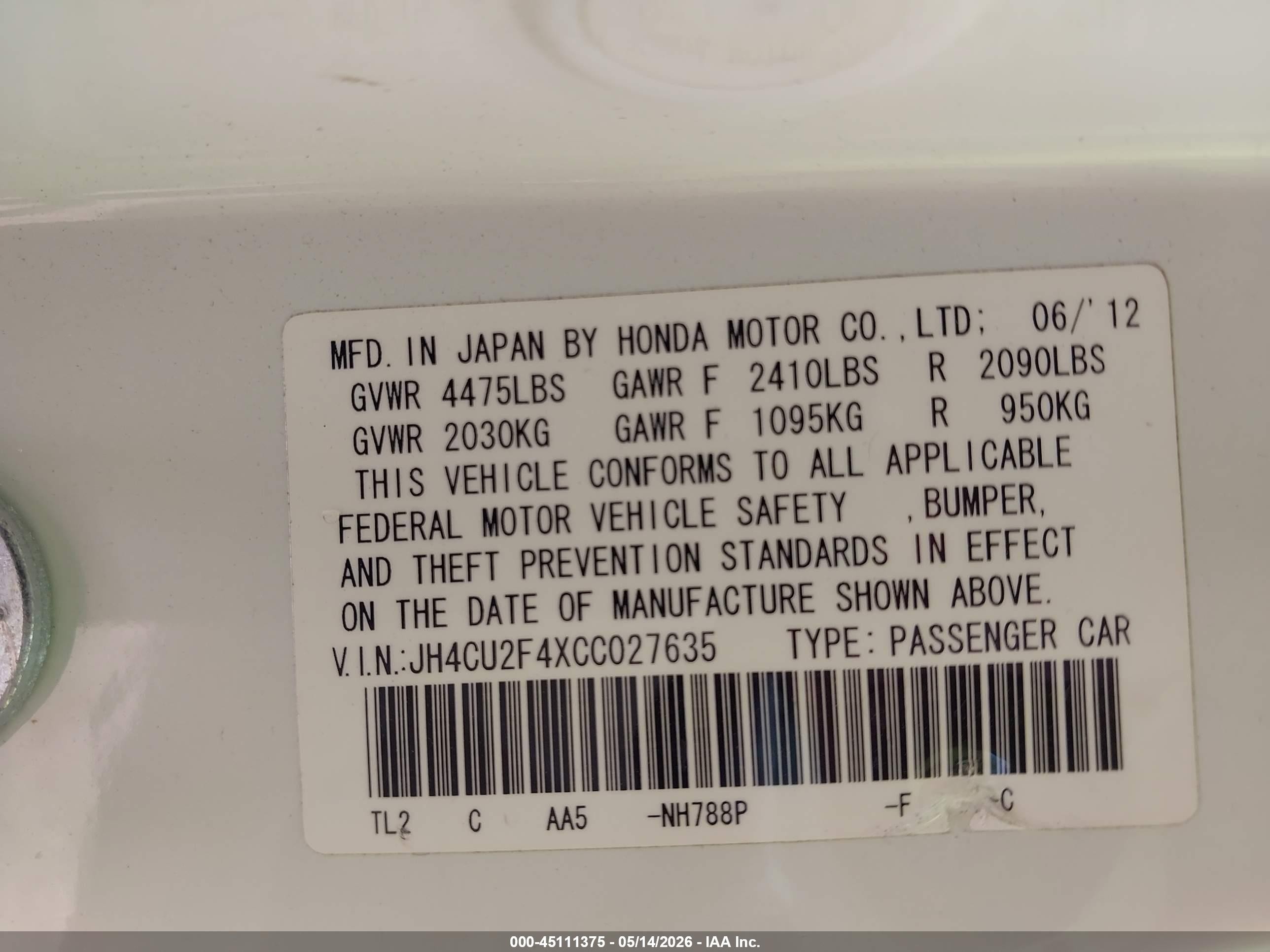 2012 Acura Tsx 2.4 White vin: JH4CU2F4XCC027635