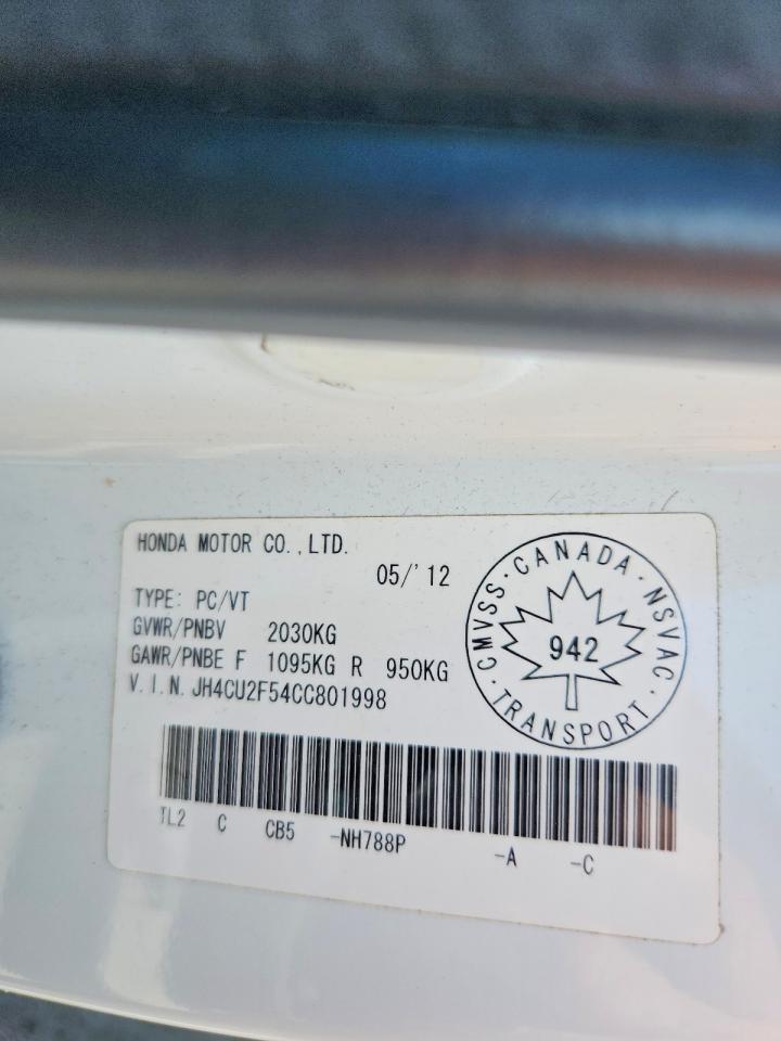 2012 Acura Tsx White vin: JH4CU2F54CC801998