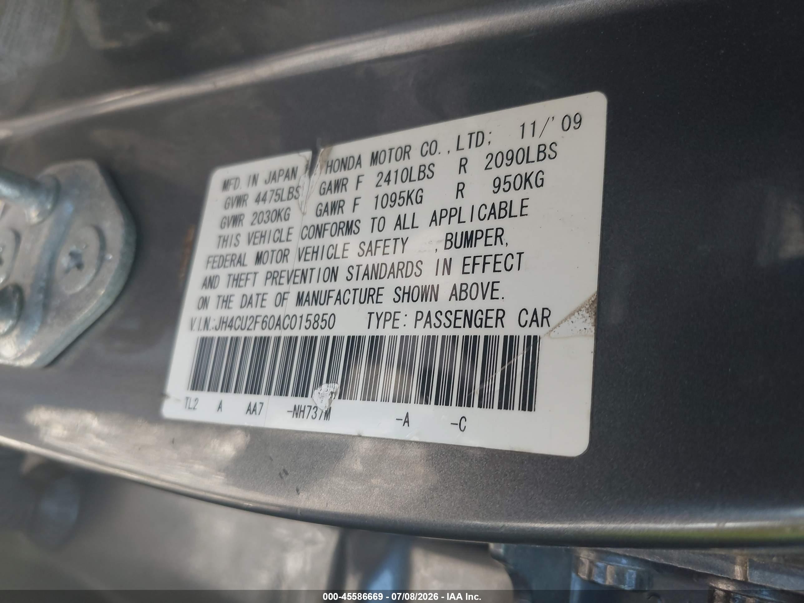 2010 Acura Tsx 2.4 Gray vin: JH4CU2F60AC015850