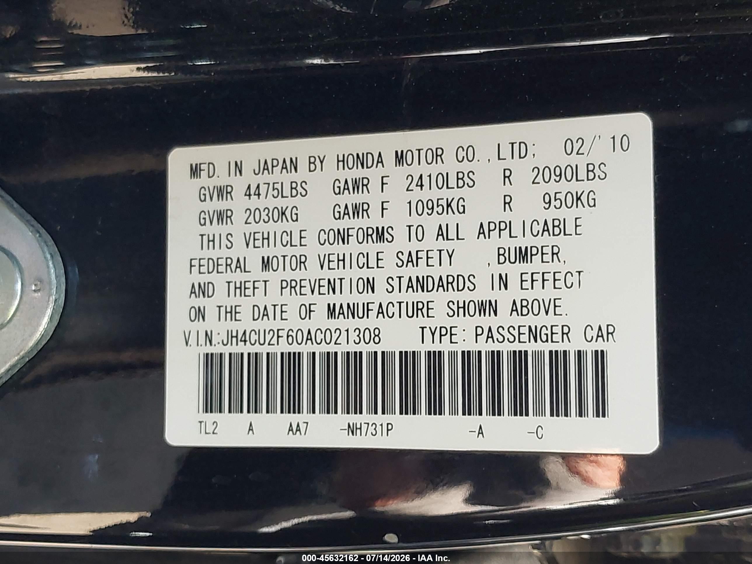 2010 Acura Tsx 2.4 Black vin: JH4CU2F60AC021308