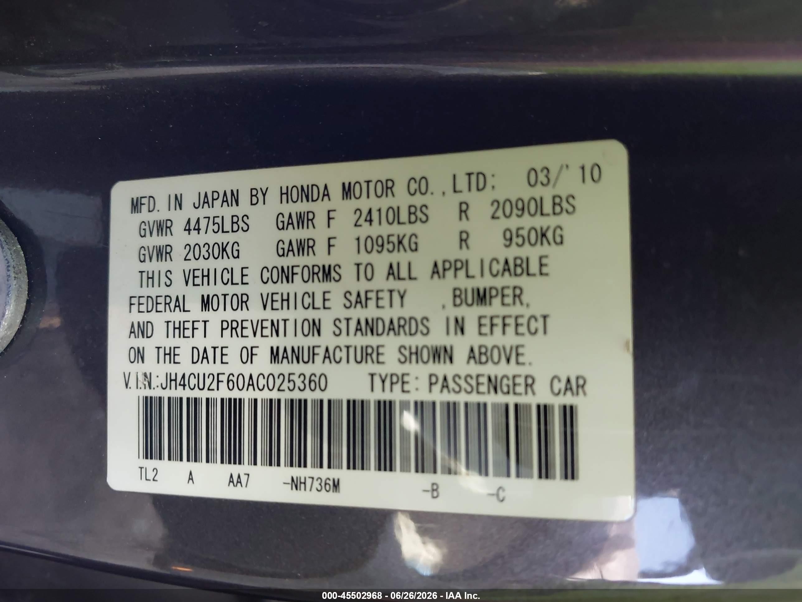 2010 Acura Tsx 2.4 Gray vin: JH4CU2F60AC025360