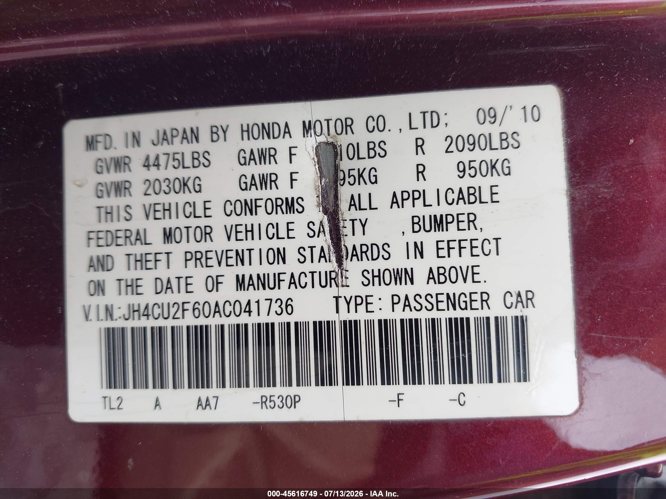2010 Acura Tsx 2.4 Maroon vin: JH4CU2F60AC041736