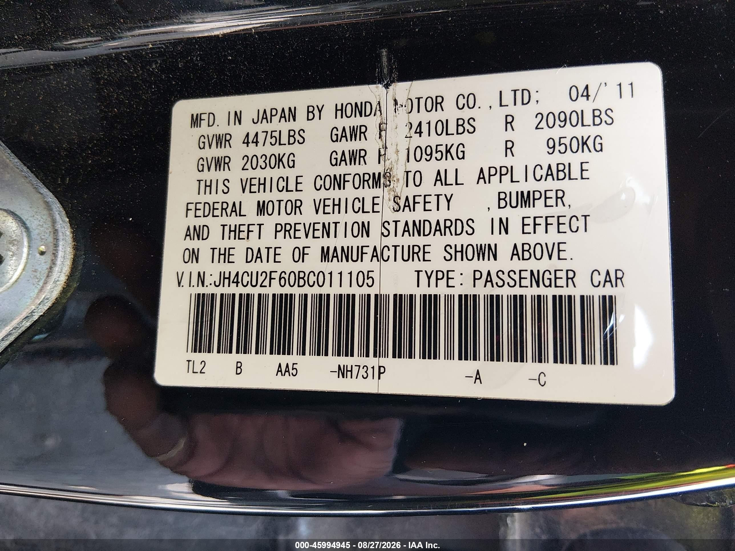 2011 Acura Tsx 2.4 Black vin: JH4CU2F60BC011105