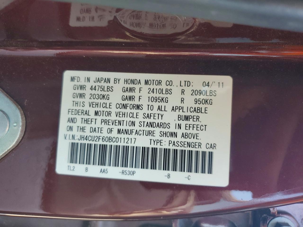 2011 Acura Tsx Red vin: JH4CU2F60BC011217