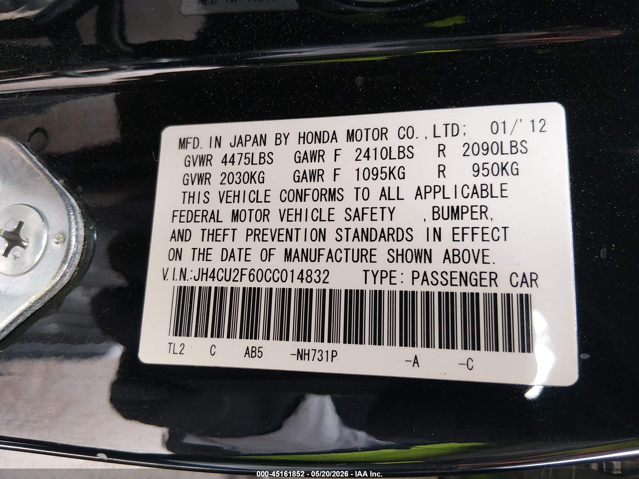2012 Acura Tsx 2.4 Black vin: JH4CU2F60CC014832