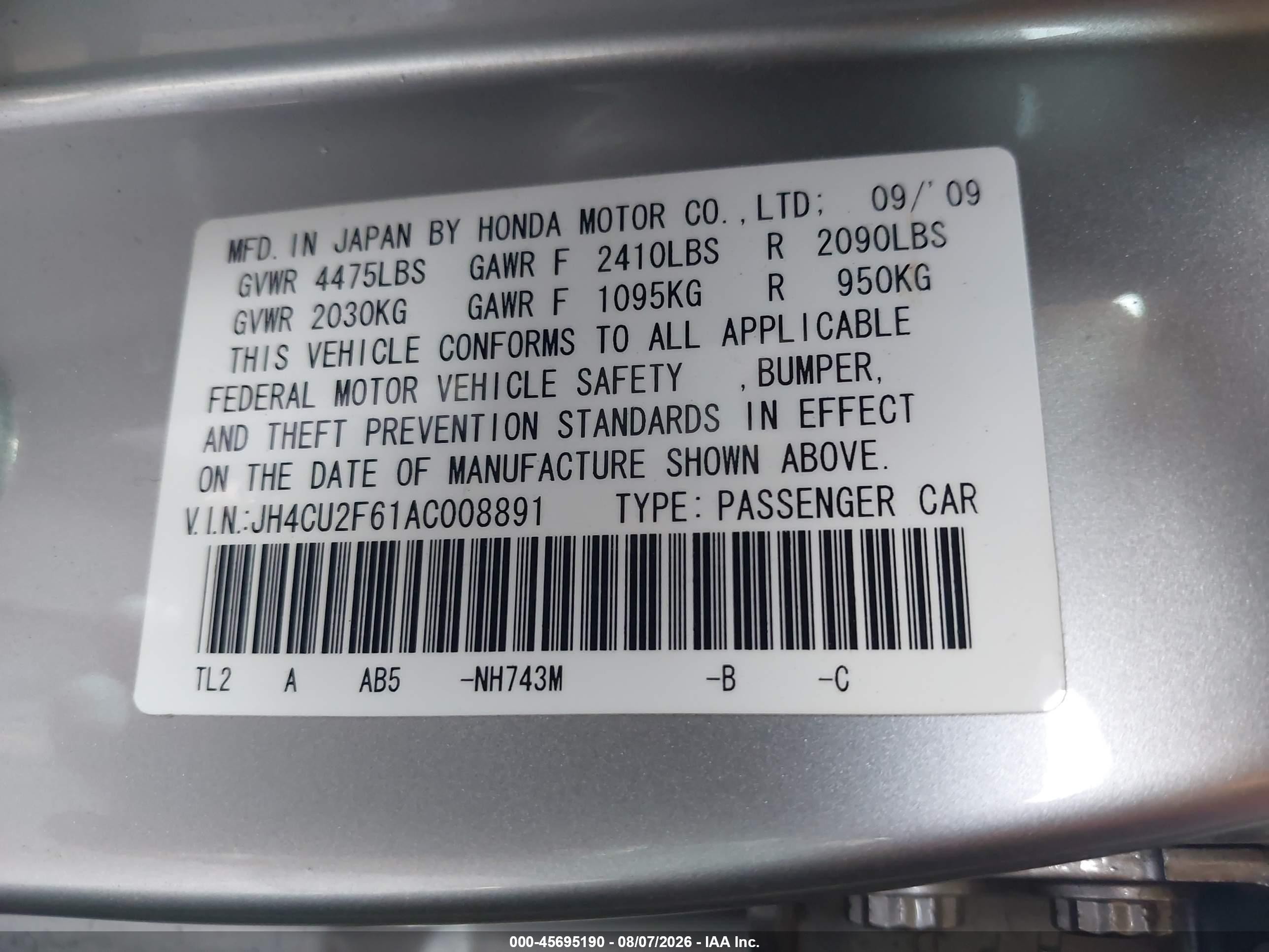 2010 Acura Tsx 2.4 Silver vin: JH4CU2F61AC008891