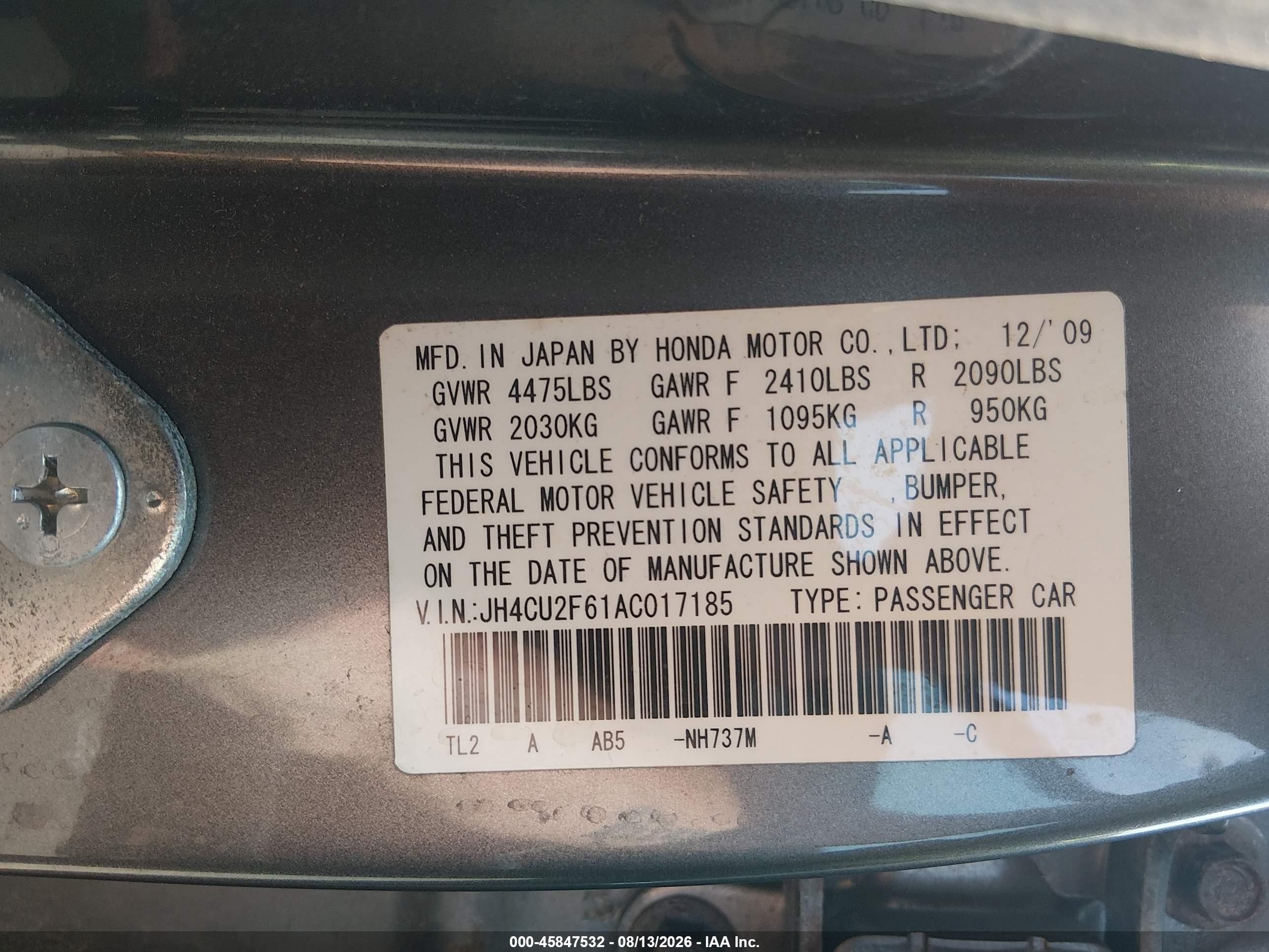 2010 Acura Tsx 2.4 Gray vin: JH4CU2F61AC017185