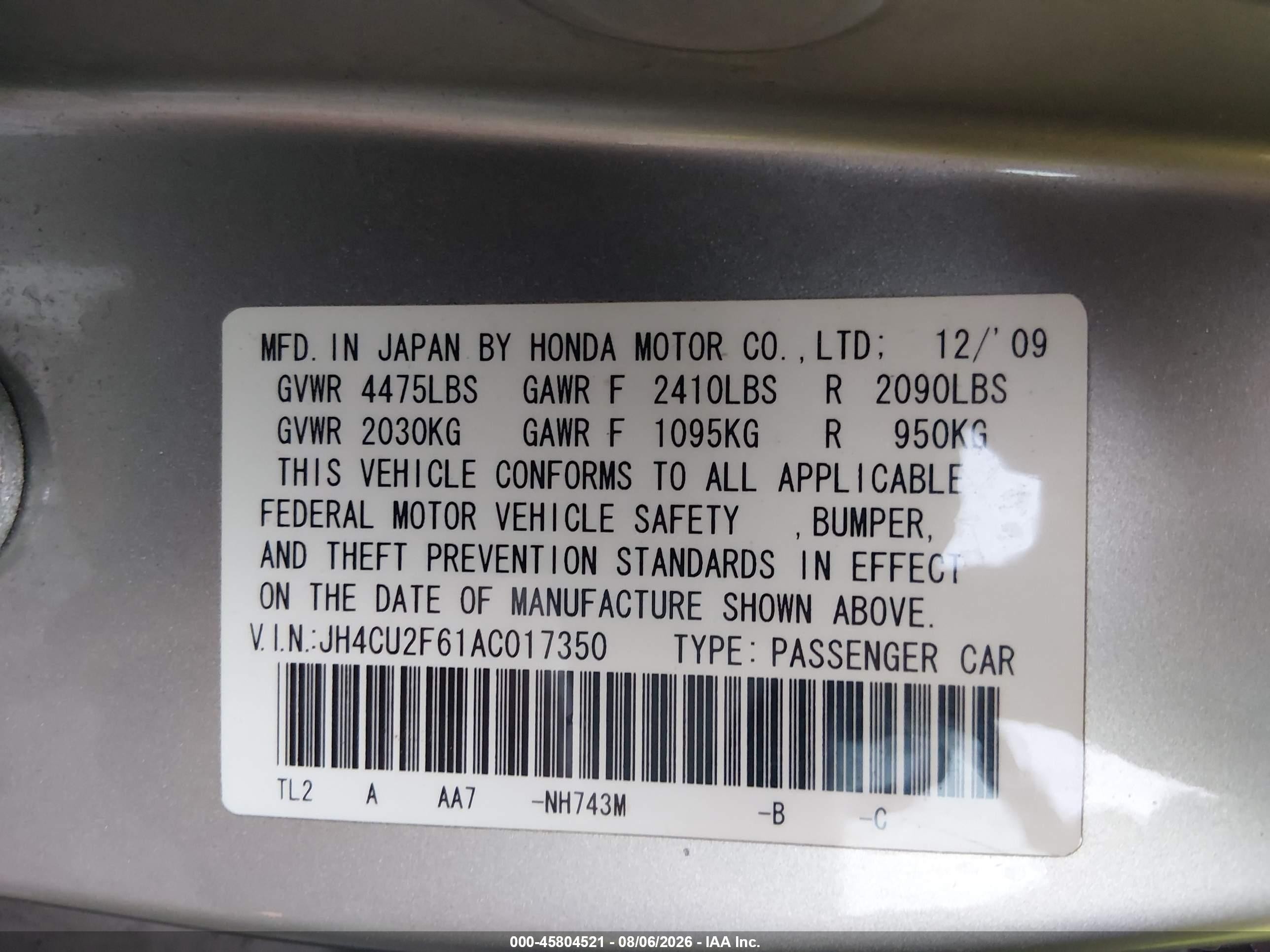 2010 Acura Tsx 2.4 Silver vin: JH4CU2F61AC017350