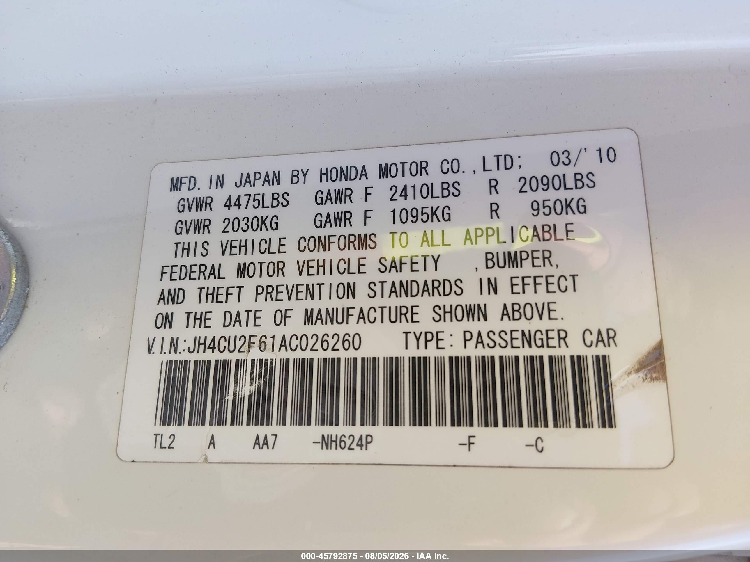2010 Acura Tsx 2.4 White vin: JH4CU2F61AC026260