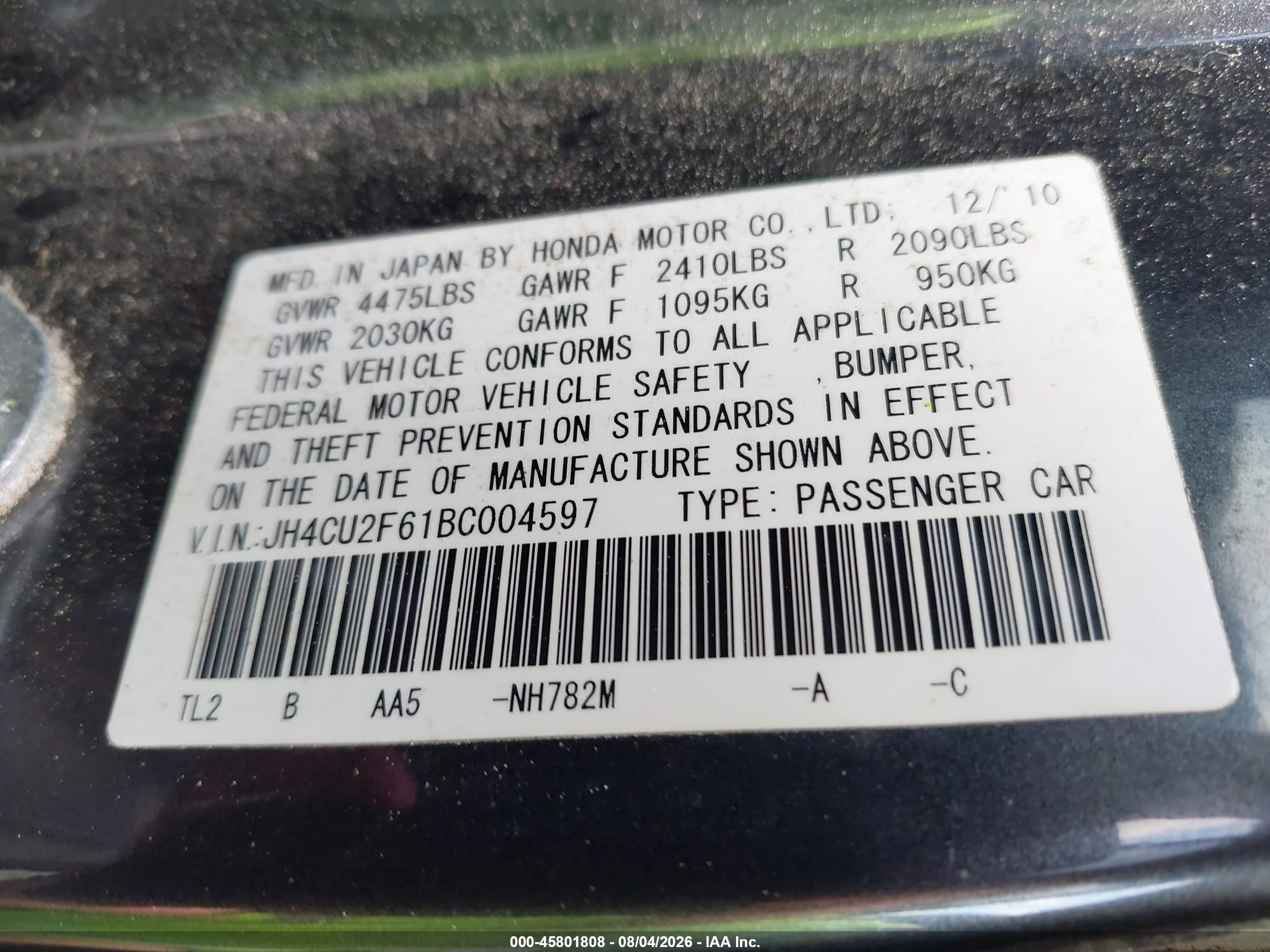 2011 Acura Tsx 2.4 Gray vin: JH4CU2F61BC004597