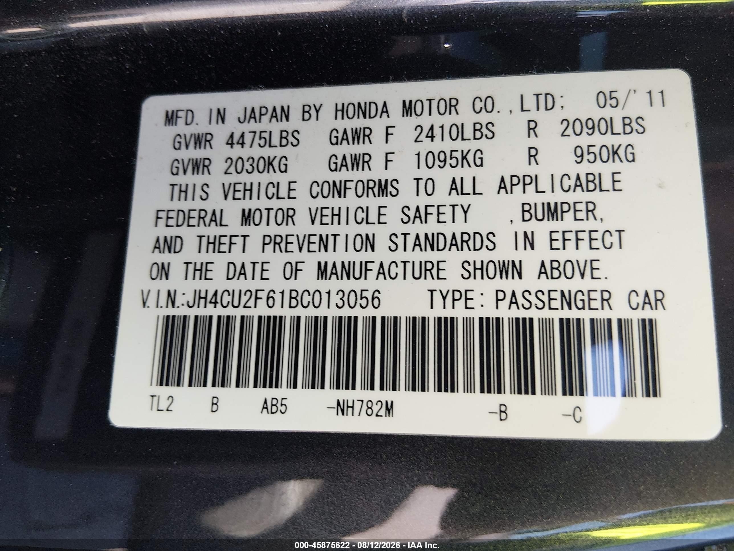 2011 Acura Tsx 2.4 Gray vin: JH4CU2F61BC013056