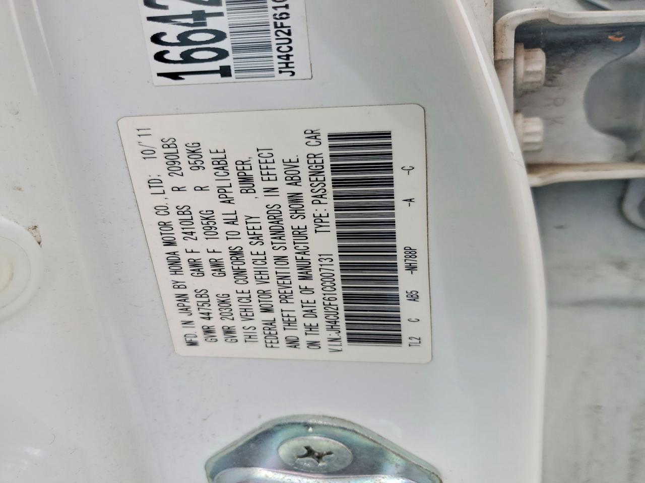 2012 Acur Tsx White vin: JH4CU2F61CC007131