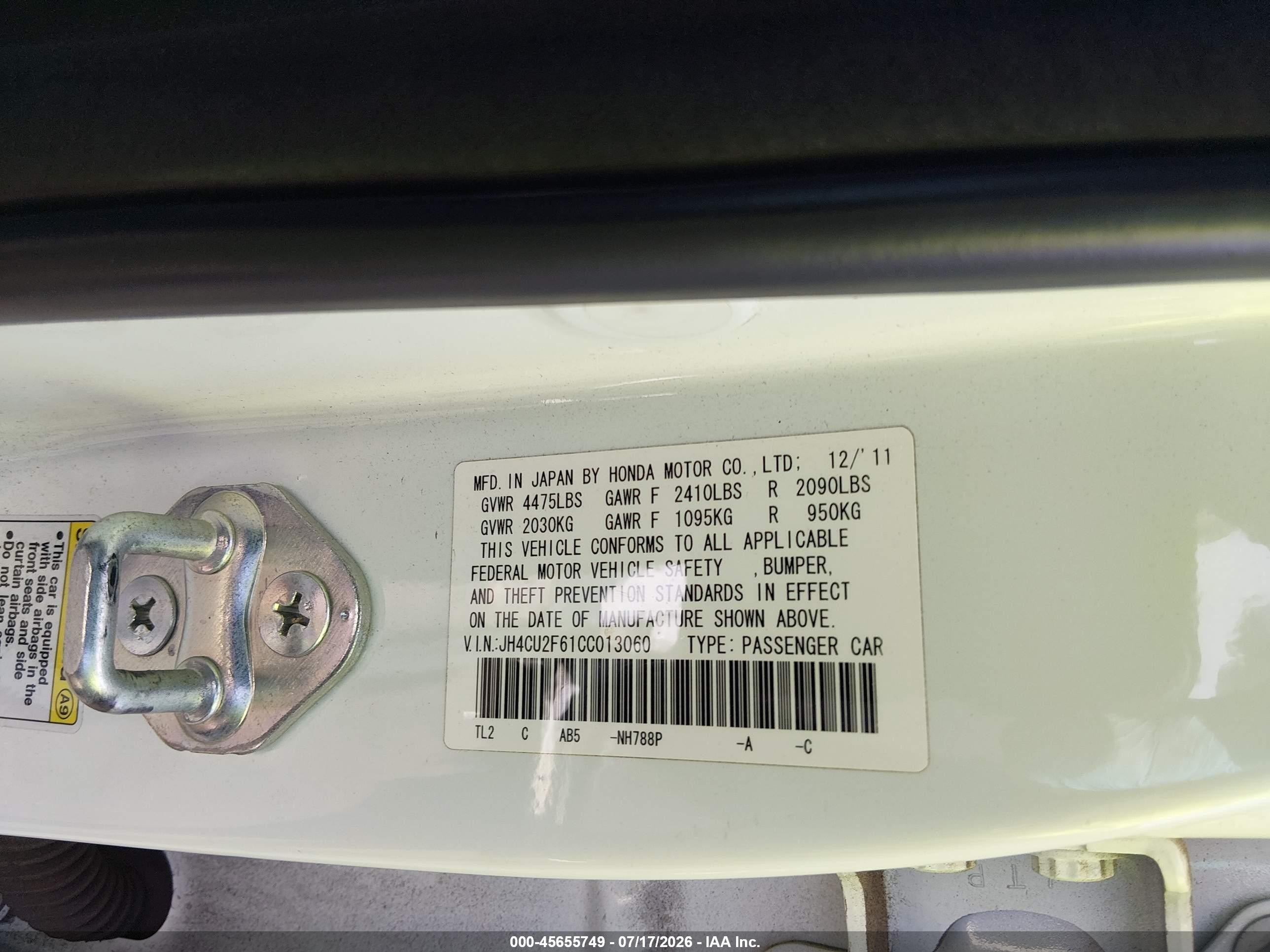 2012 Acura Tsx 2.4 White vin: JH4CU2F61CC013060