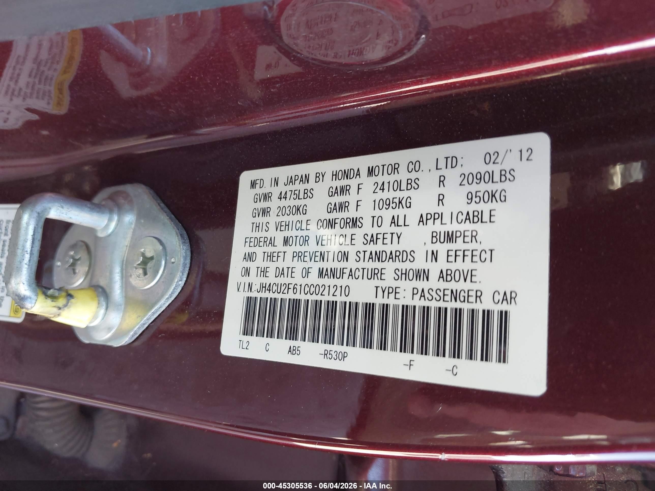 2012 Acura Tsx 2.4 Maroon vin: JH4CU2F61CC021210