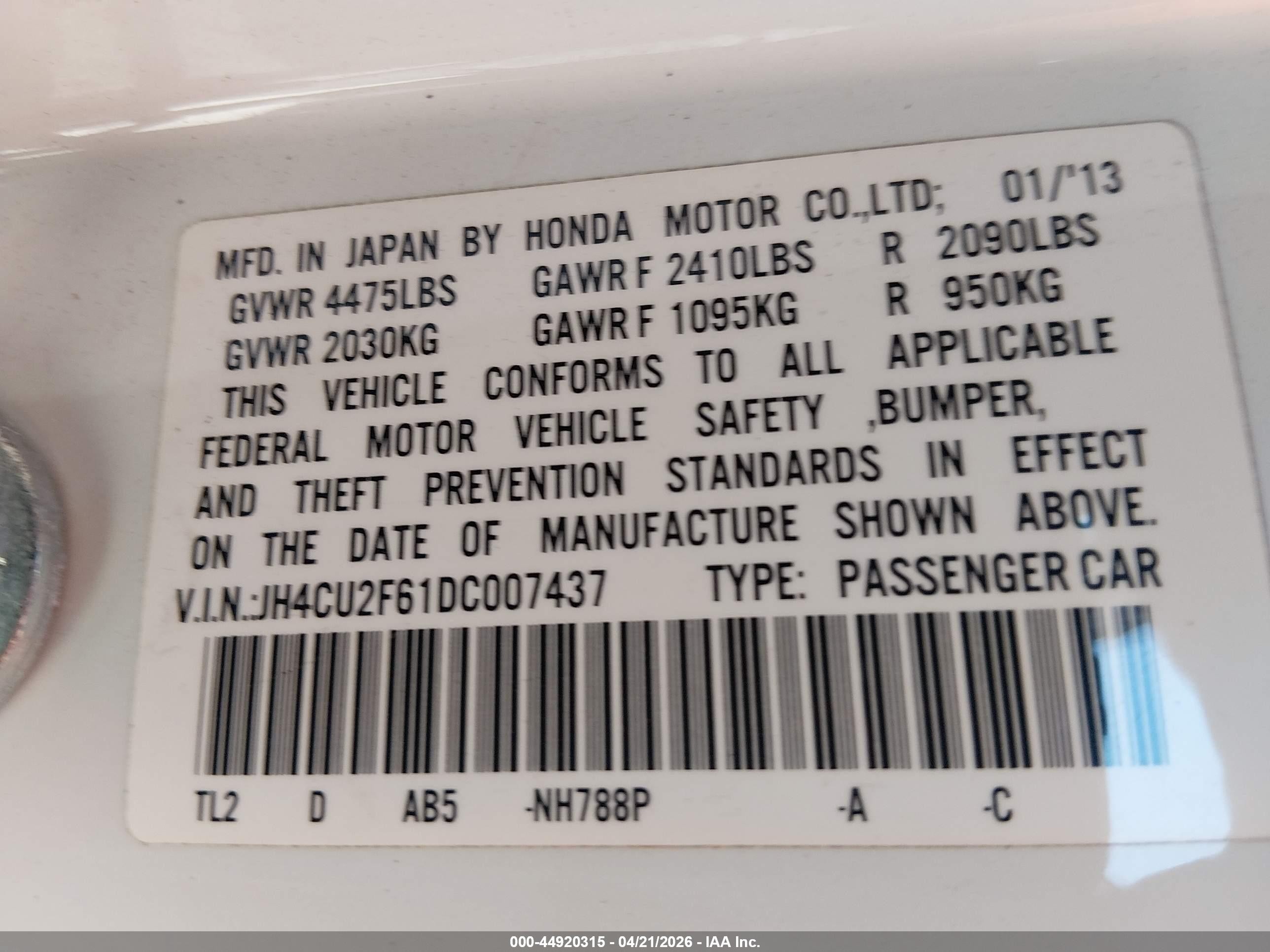 2013 Acura Tsx 2.4 White vin: JH4CU2F61DC007437