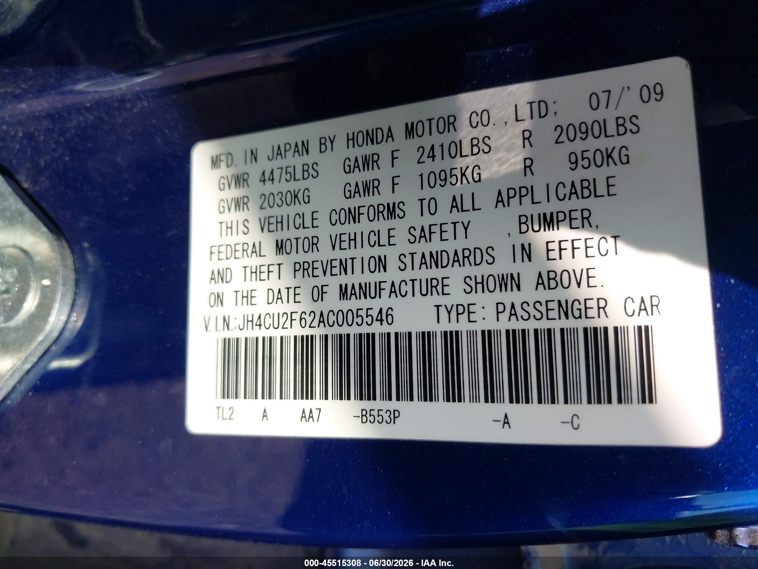 2010 Acura Tsx 2.4 Blue vin: JH4CU2F62AC005546