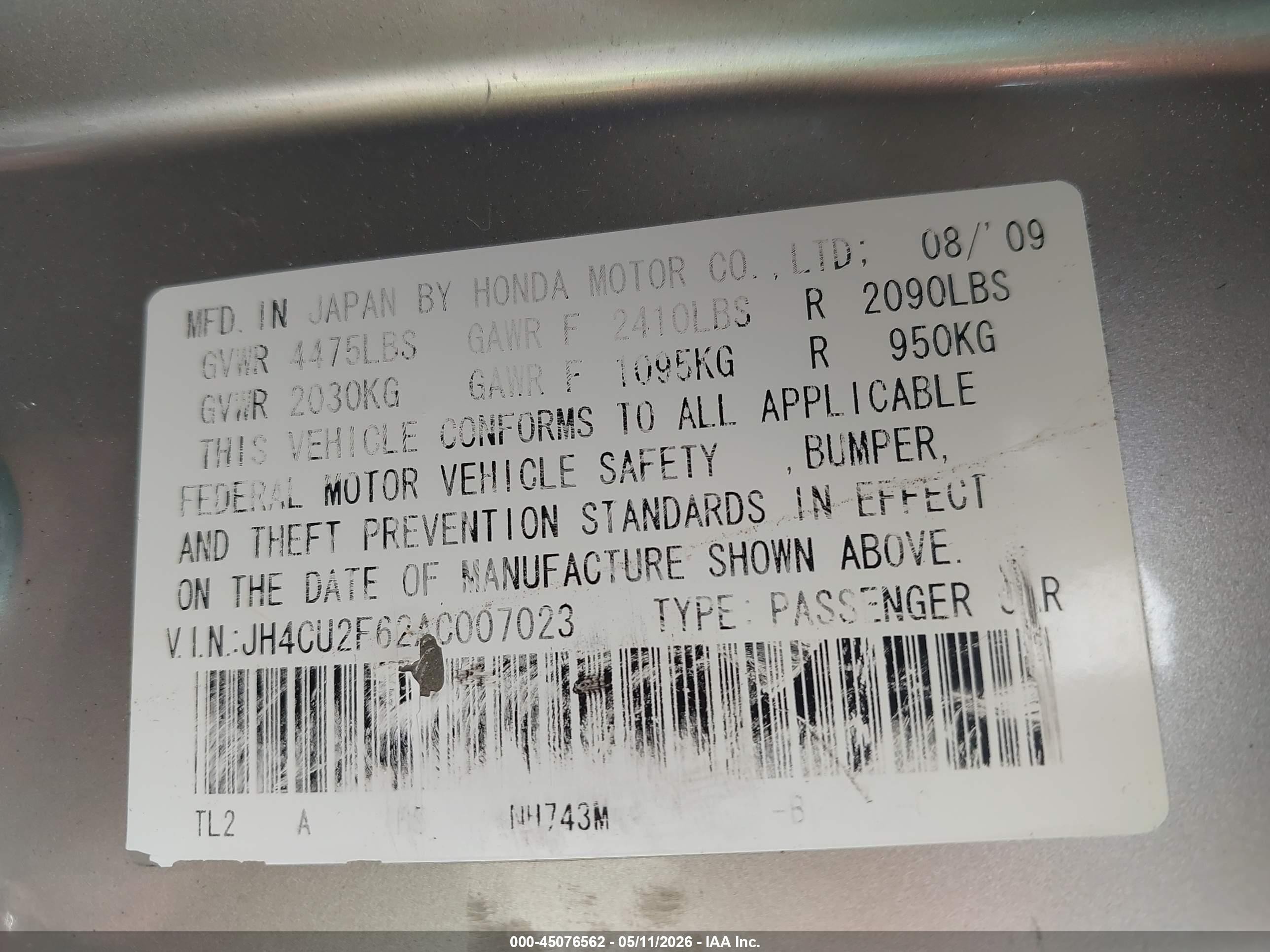 2010 Acura Tsx 2.4 Silver vin: JH4CU2F62AC007023