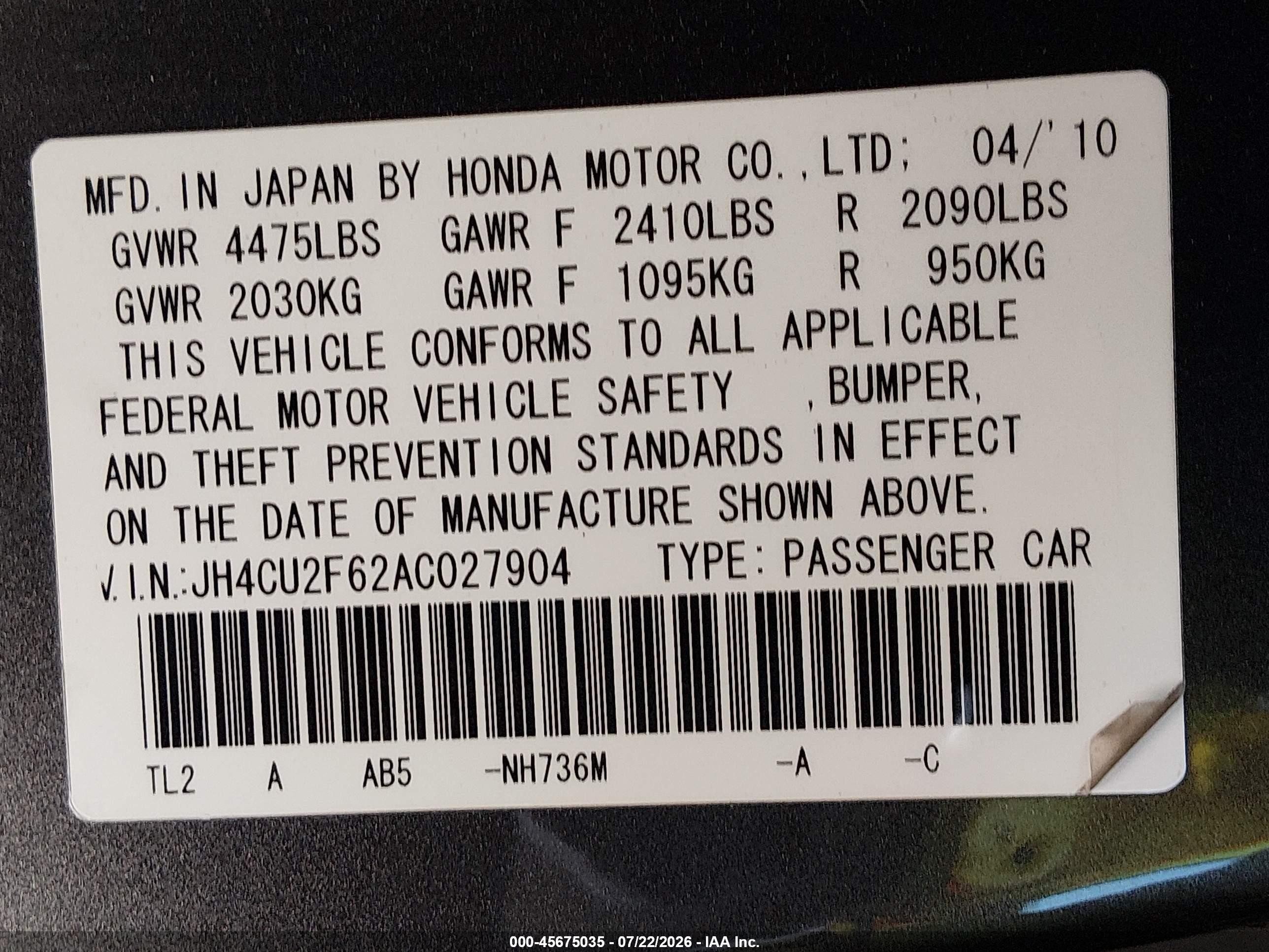 2010 Acura Tsx 2.4 Gray vin: JH4CU2F62AC027904