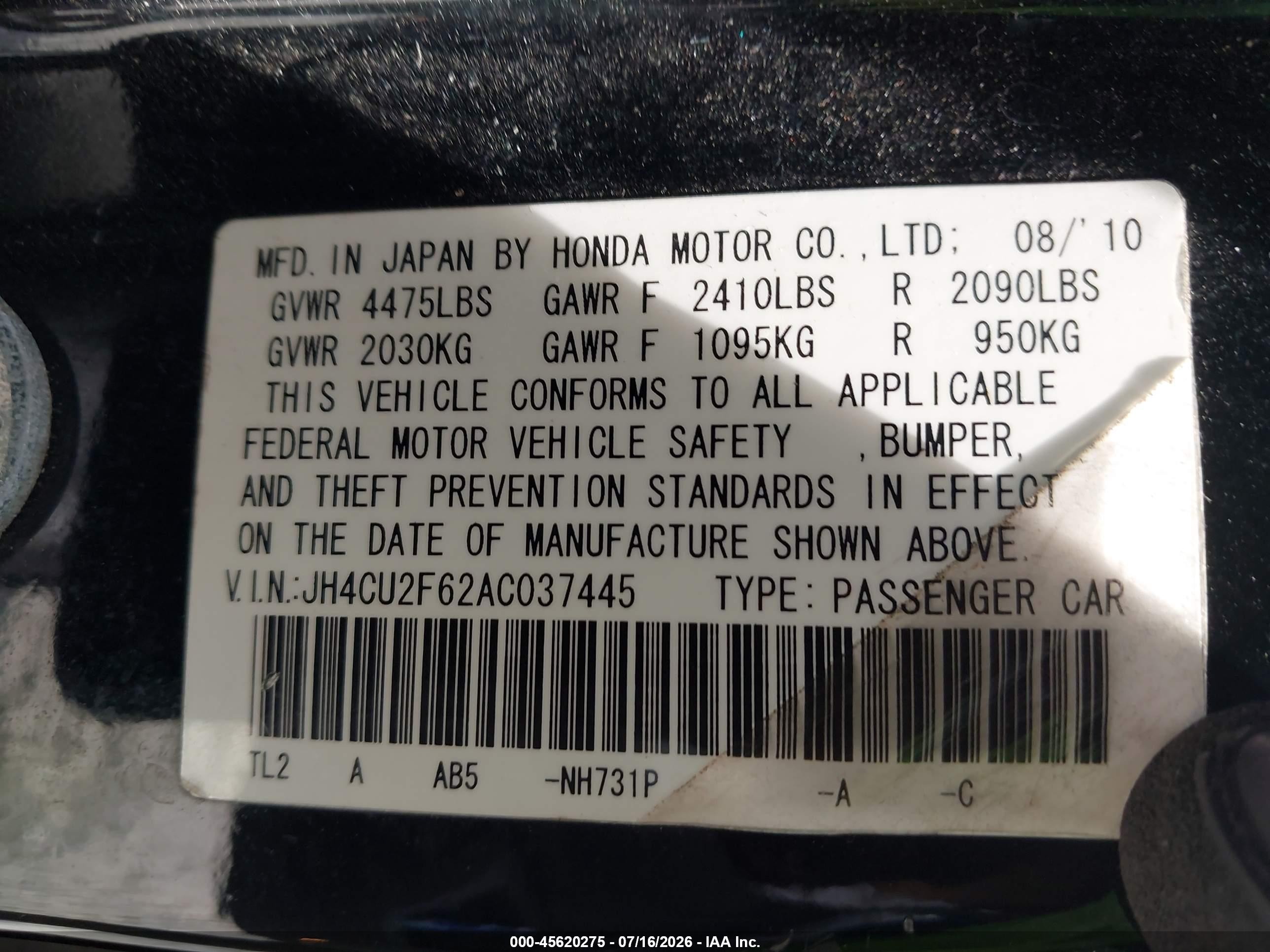 2010 Acura Tsx 2.4 Black vin: JH4CU2F62AC037445