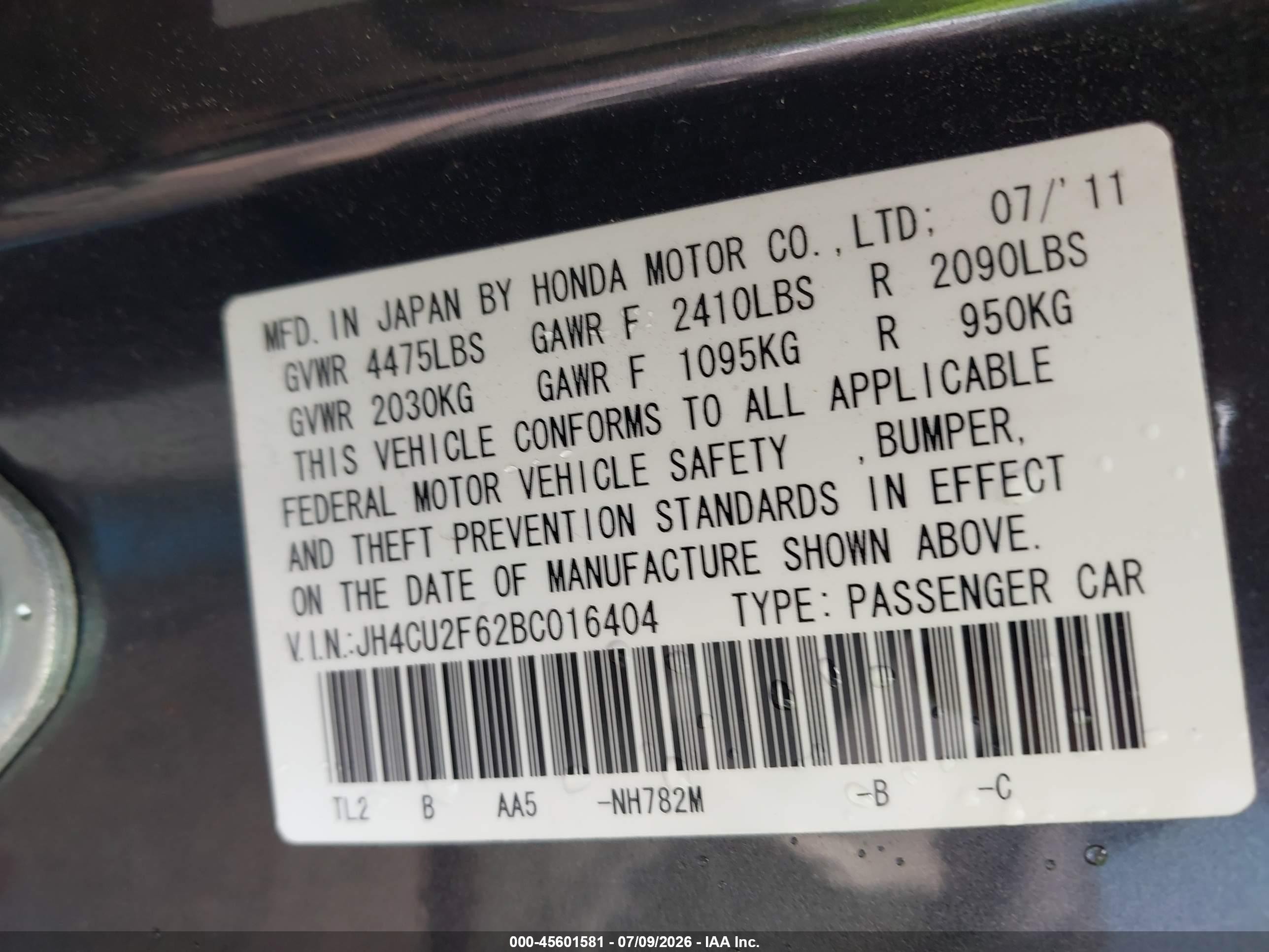 2011 Acura Tsx 2.4 Gray vin: JH4CU2F62BC016404