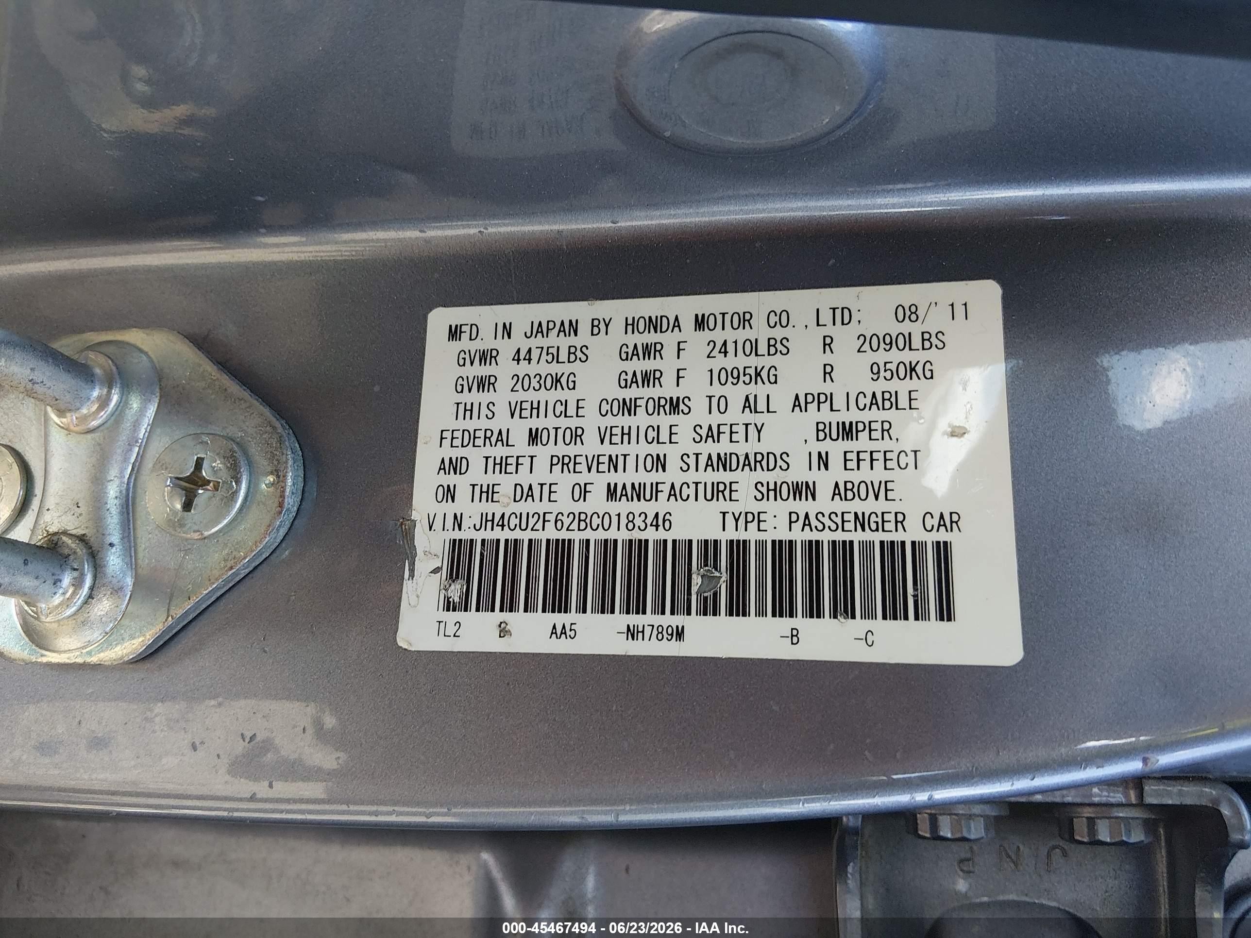 2011 Acura Tsx 2.4 Gray vin: JH4CU2F62BC018346