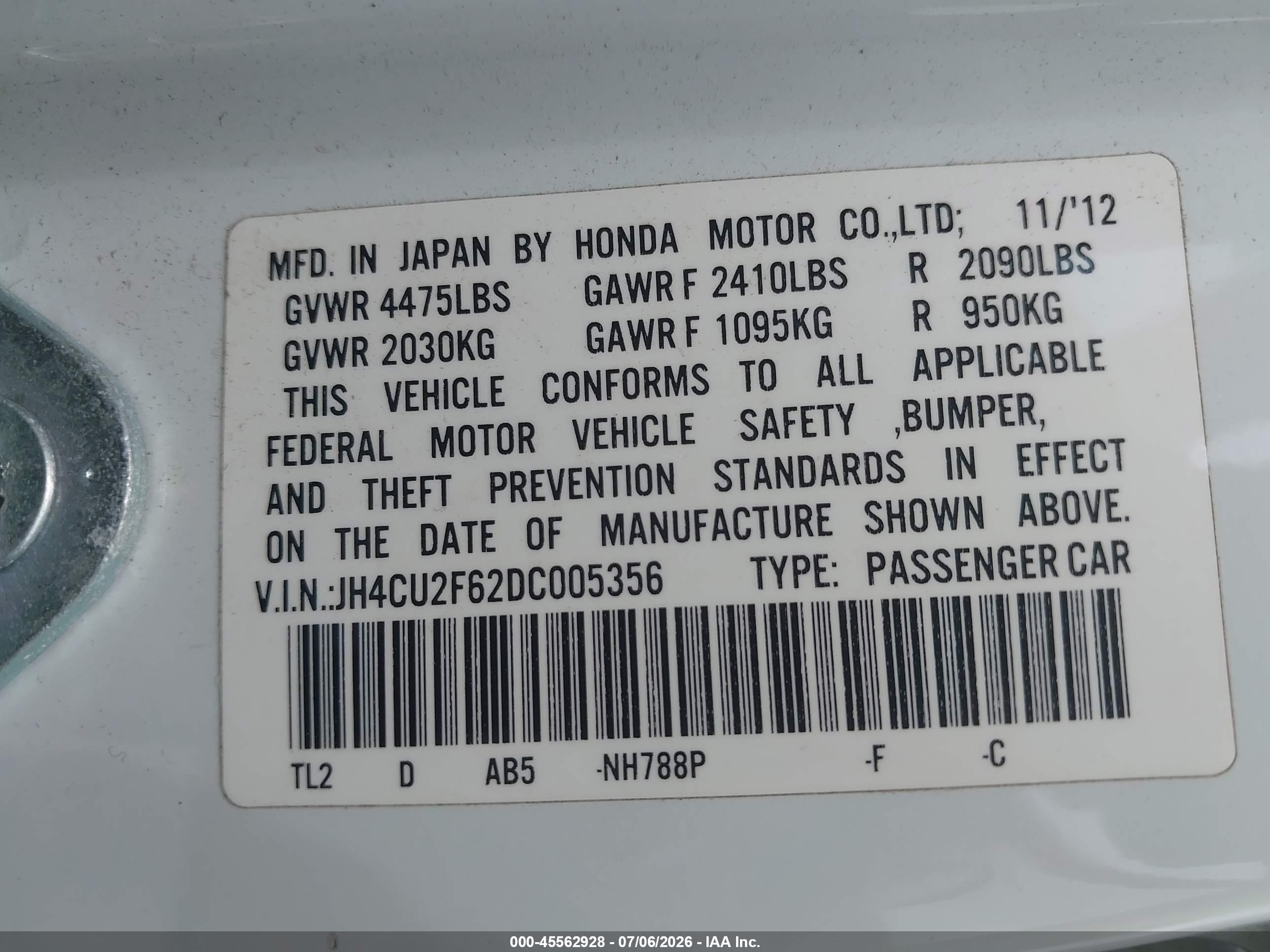 2013 Acura Tsx 2.4 White vin: JH4CU2F62DC005356
