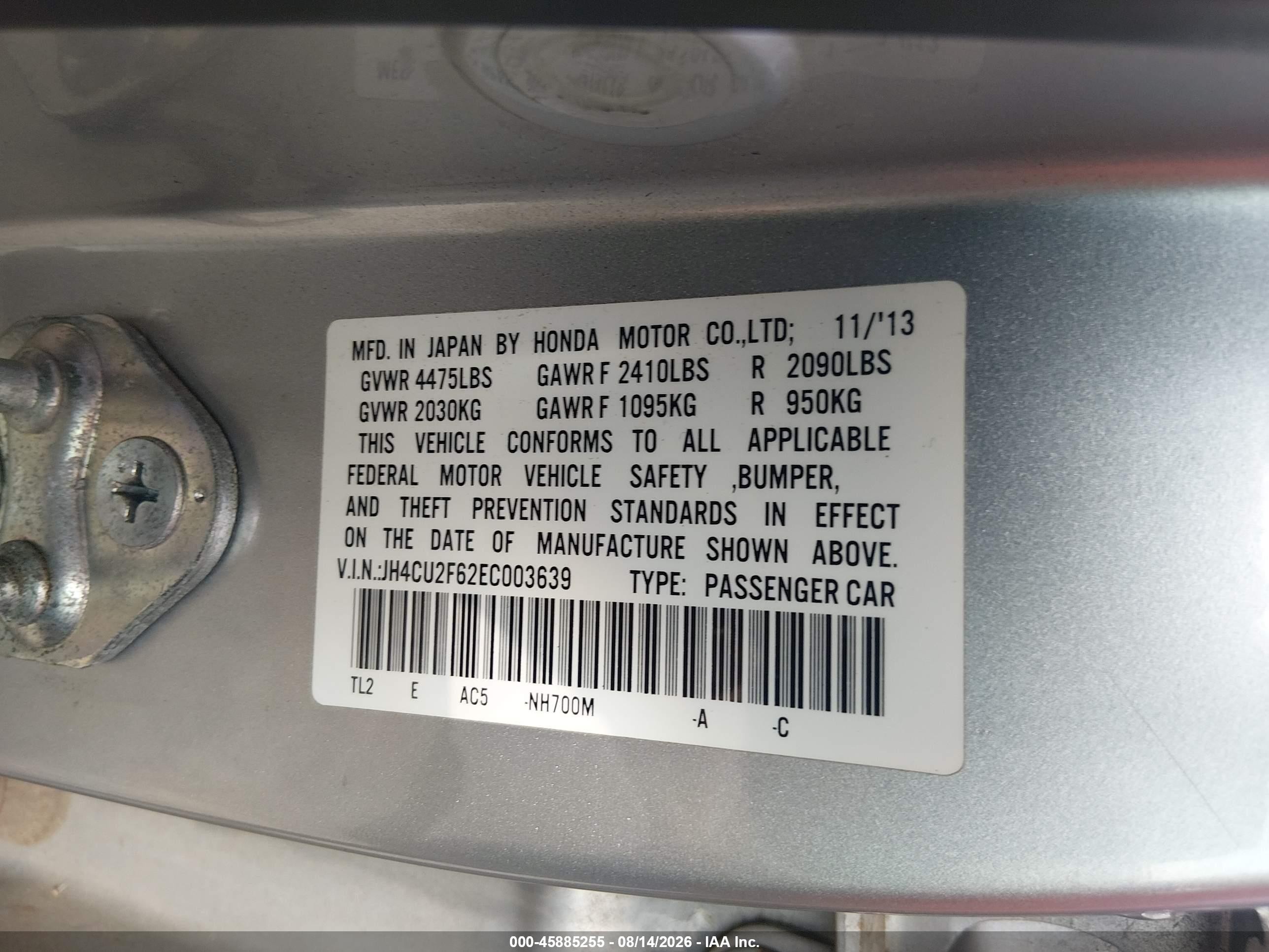 2014 Acura Tsx 2.4 Silver vin: JH4CU2F62EC003639