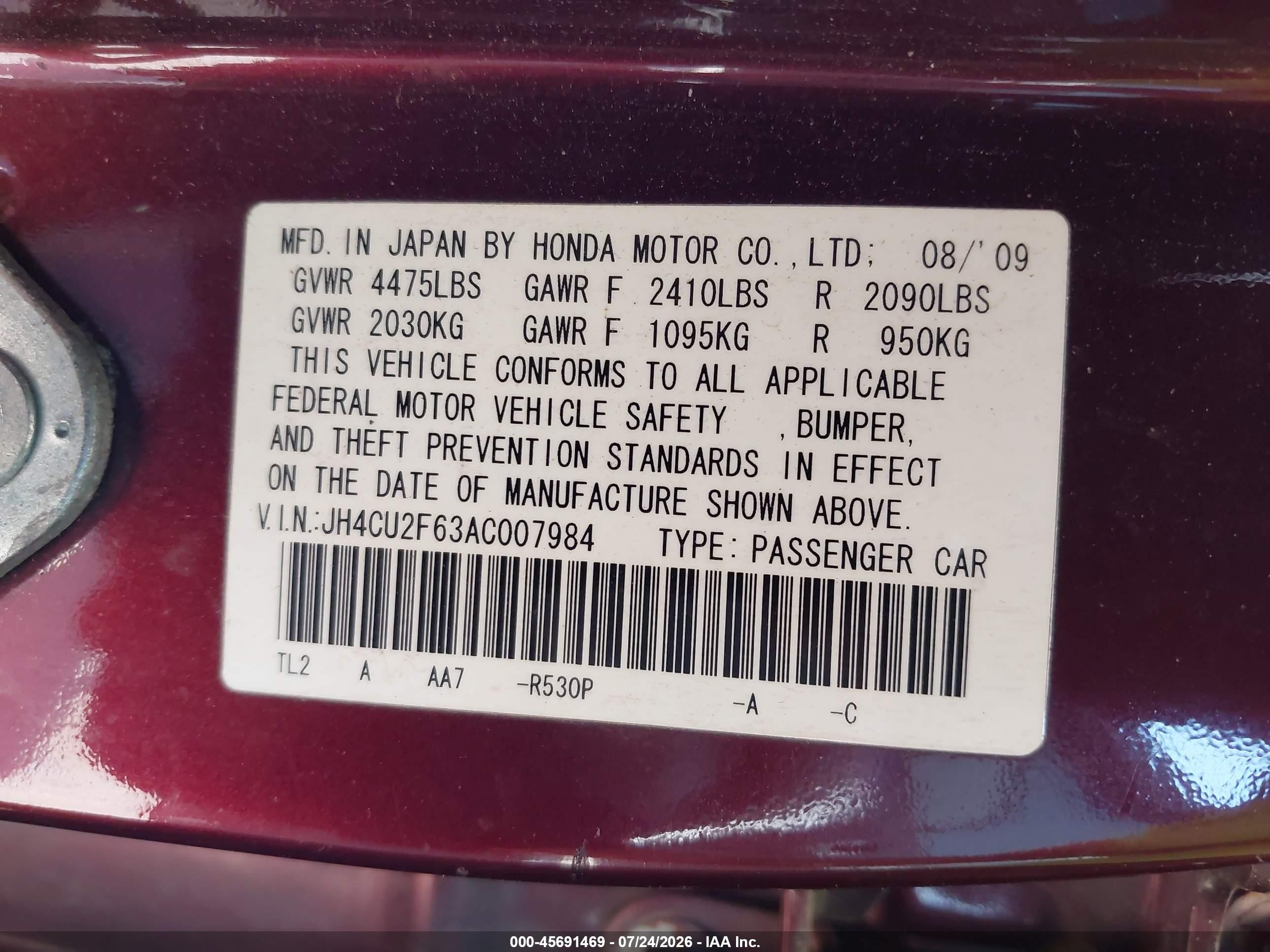 2010 Acura Tsx 2.4 Burgundy vin: JH4CU2F63AC007984