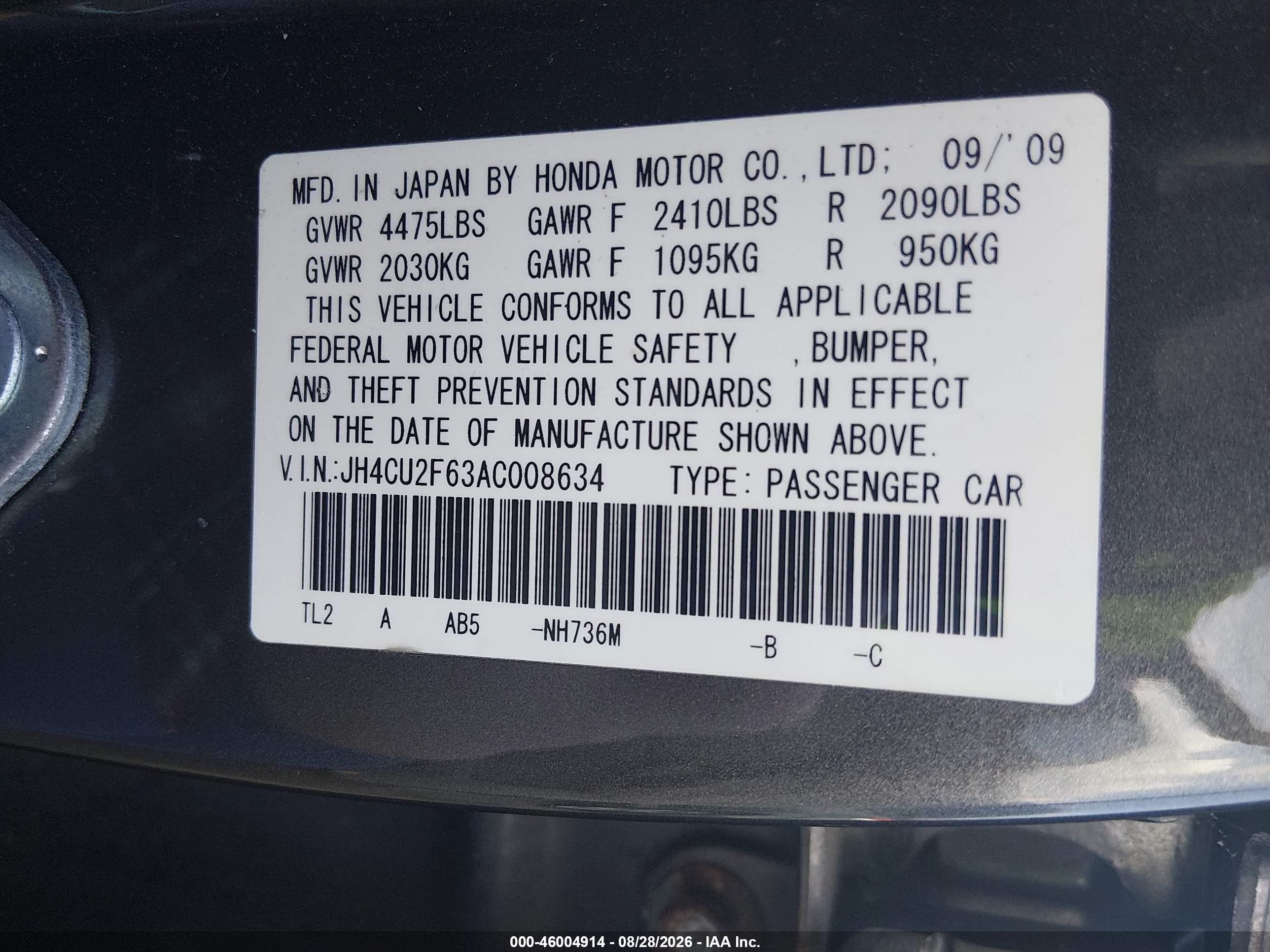 2010 Acura Tsx 2.4 Gray vin: JH4CU2F63AC008634