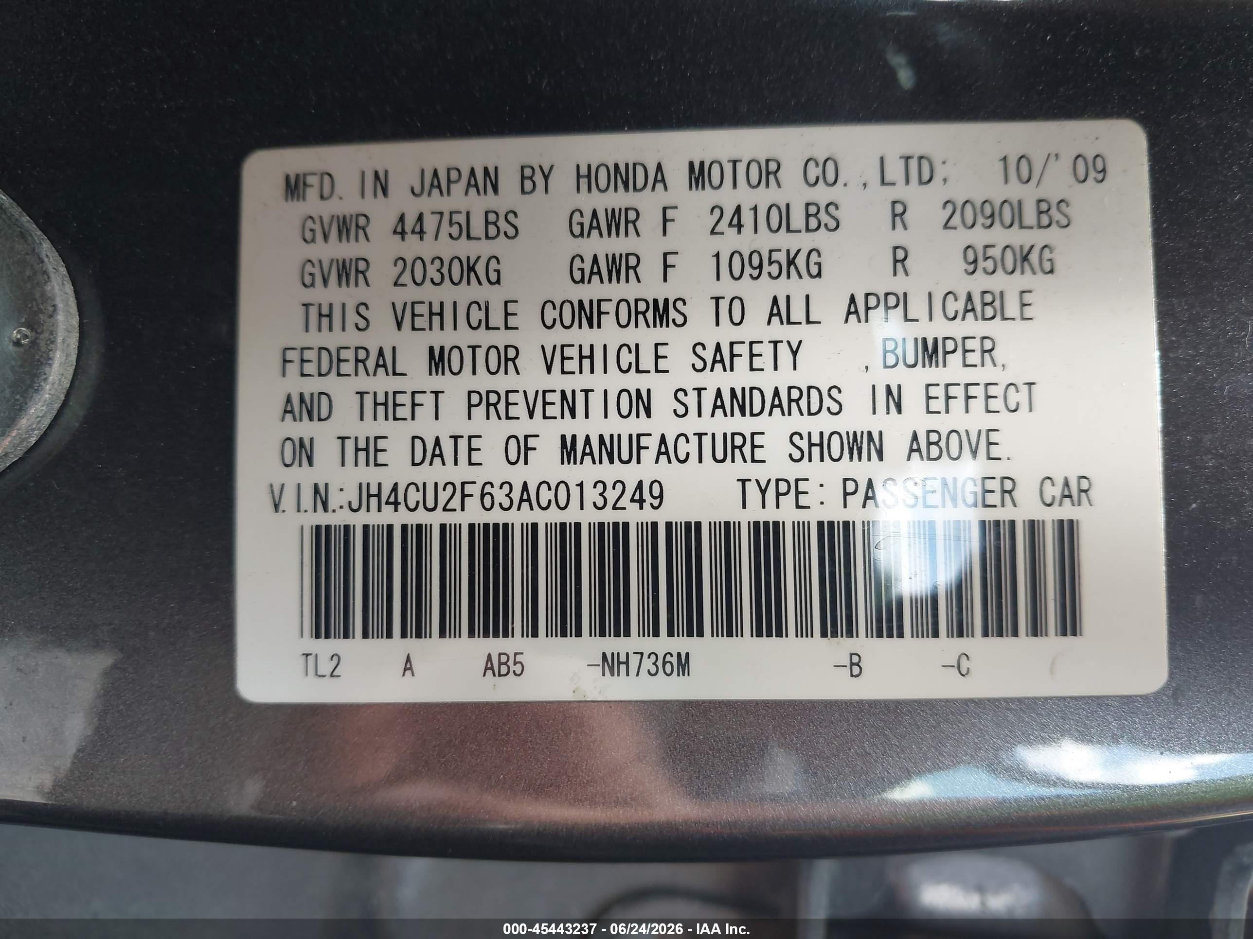 2010 Acura Tsx 2.4 Gray vin: JH4CU2F63AC013249