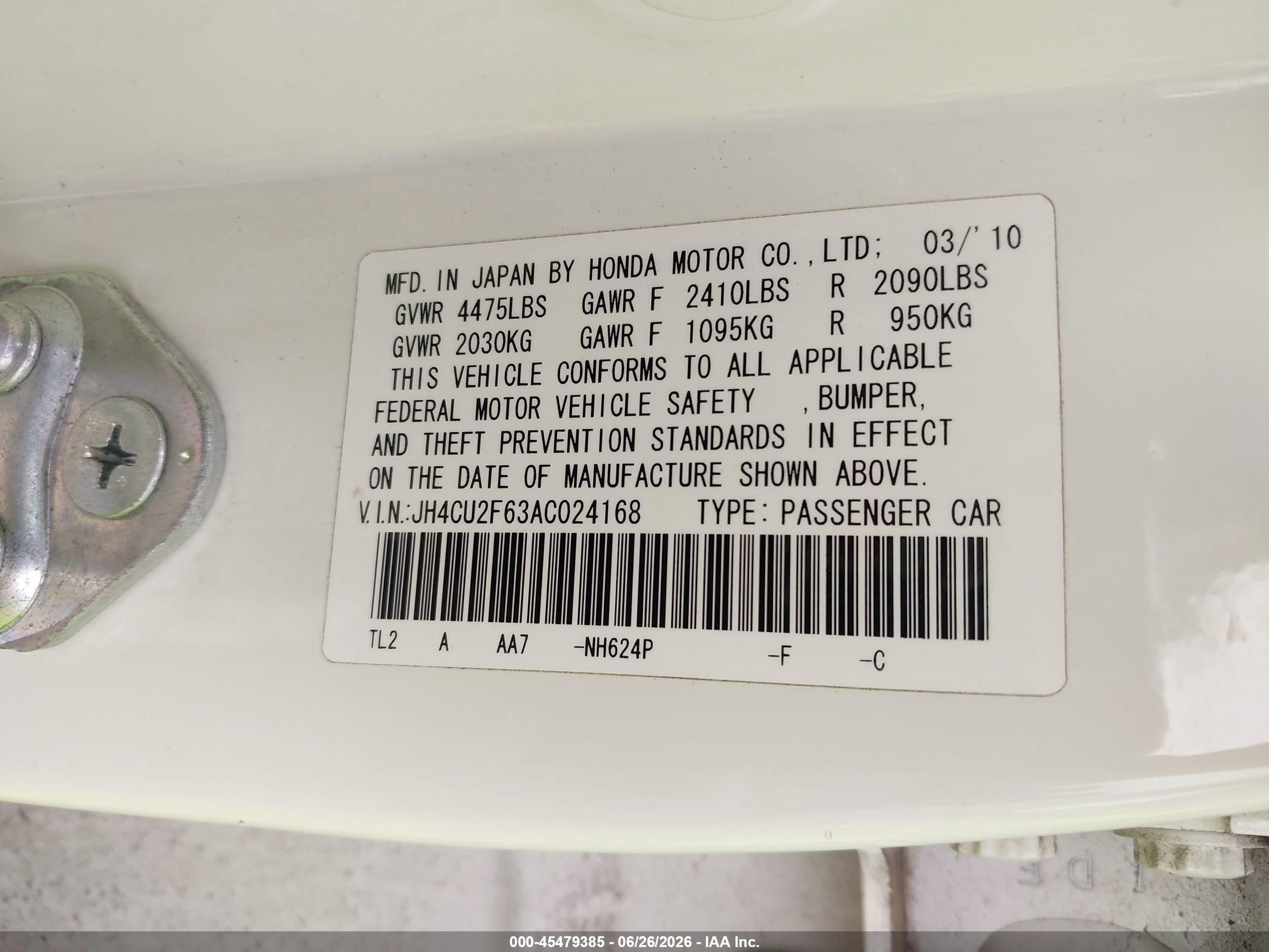 2010 Acura Tsx 2.4 White vin: JH4CU2F63AC024168