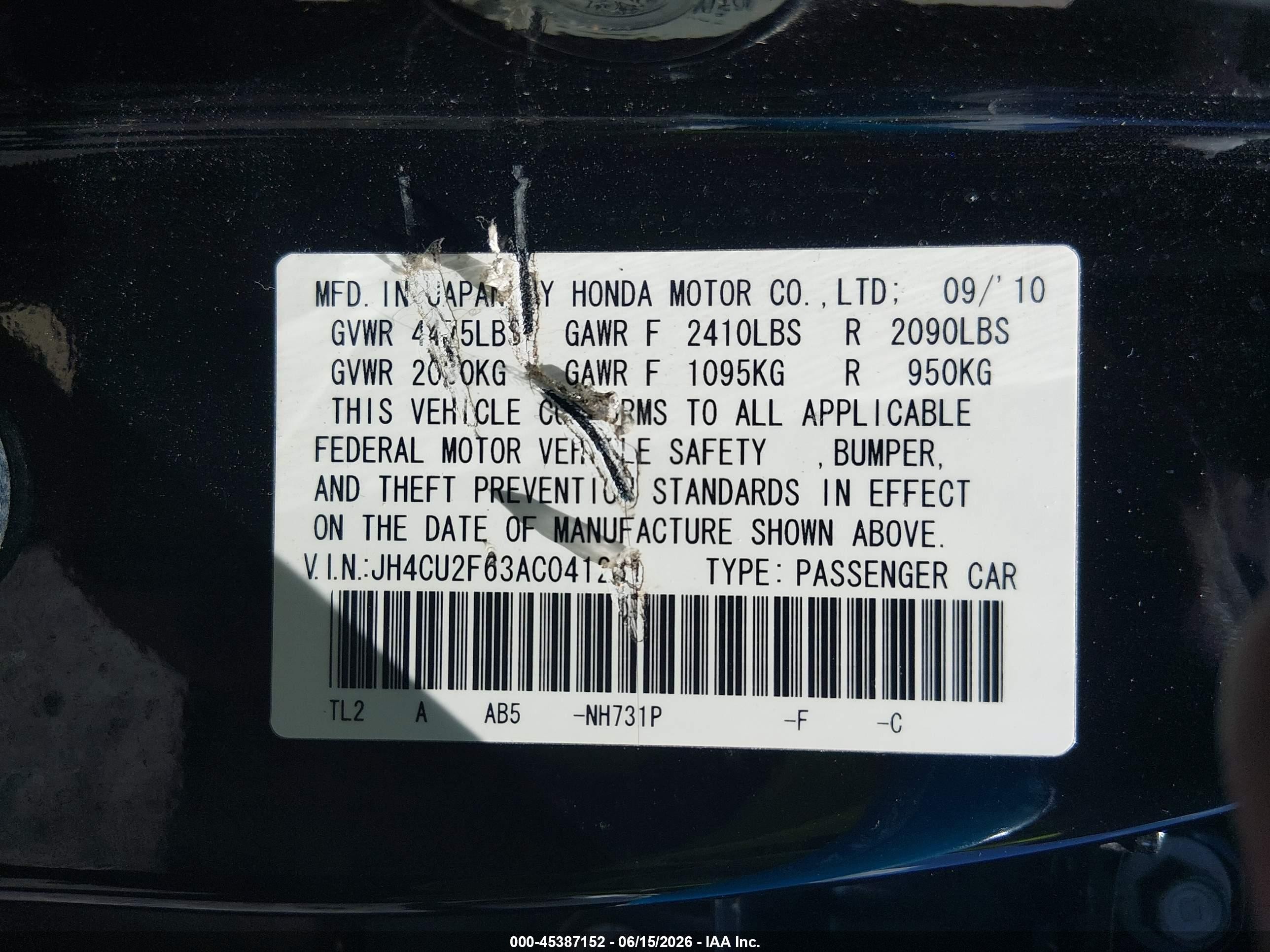 2010 Acura Tsx 2.4 Black vin: JH4CU2F63AC041231