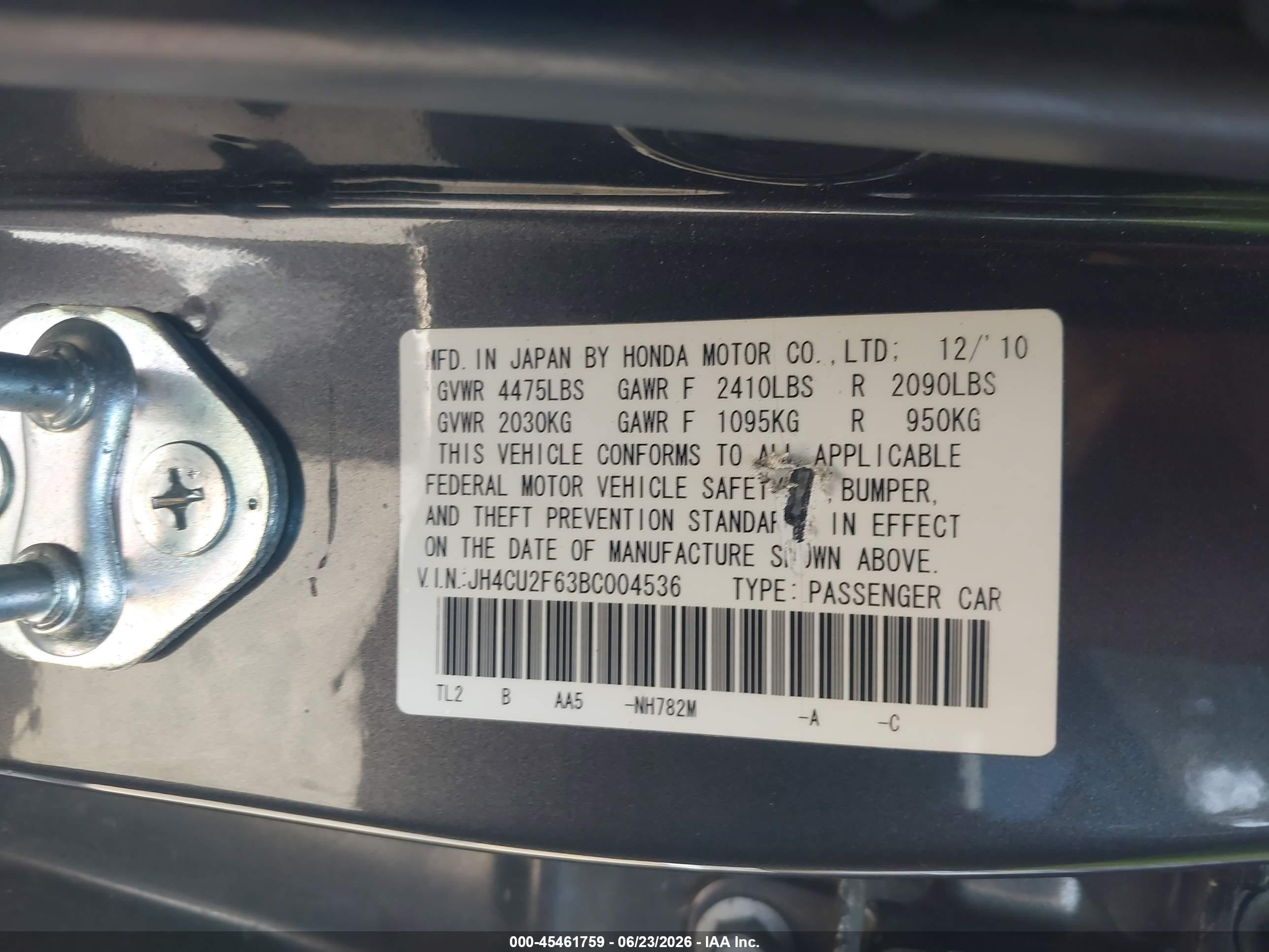 2011 Acura Tsx 2.4 Gray vin: JH4CU2F63BC004536