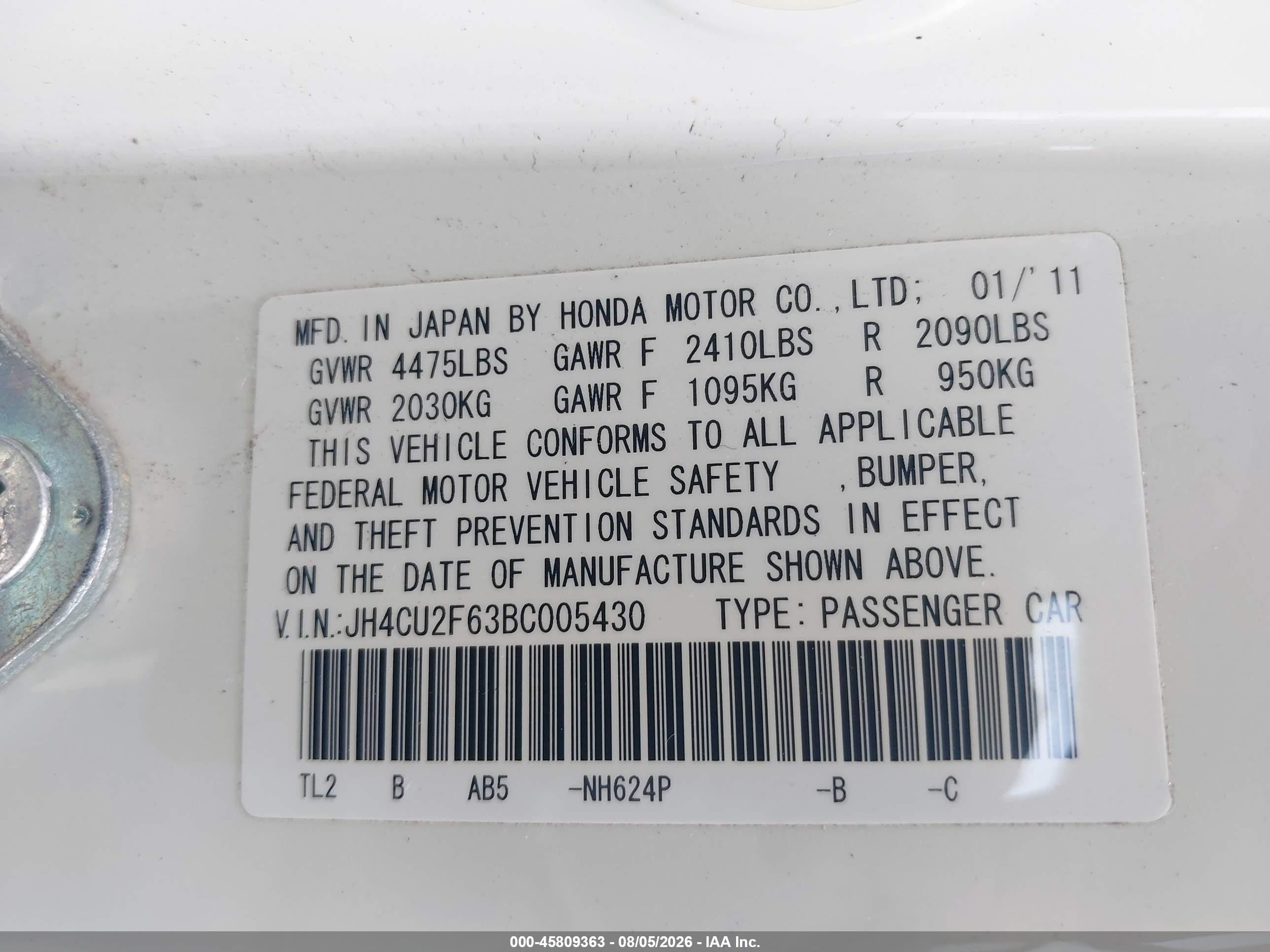 2011 Acura Tsx 2.4 White vin: JH4CU2F63BC005430