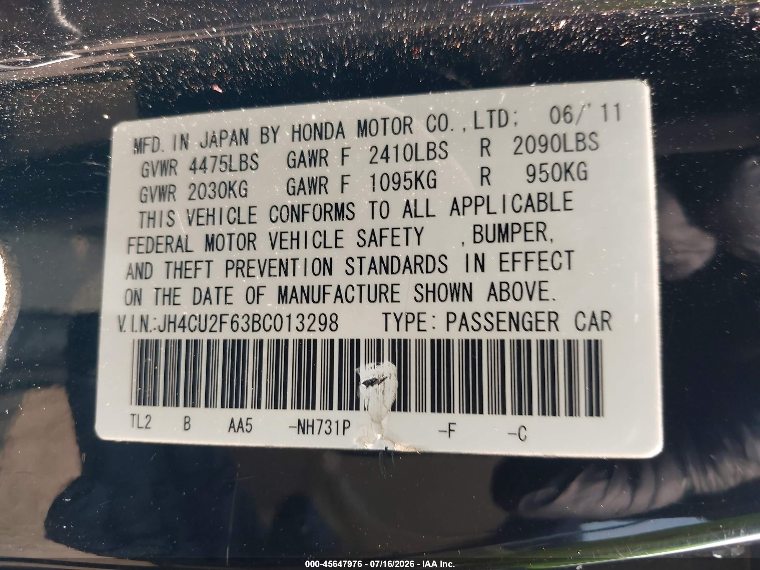 2011 Acura Tsx 2.4 Black vin: JH4CU2F63BC013298