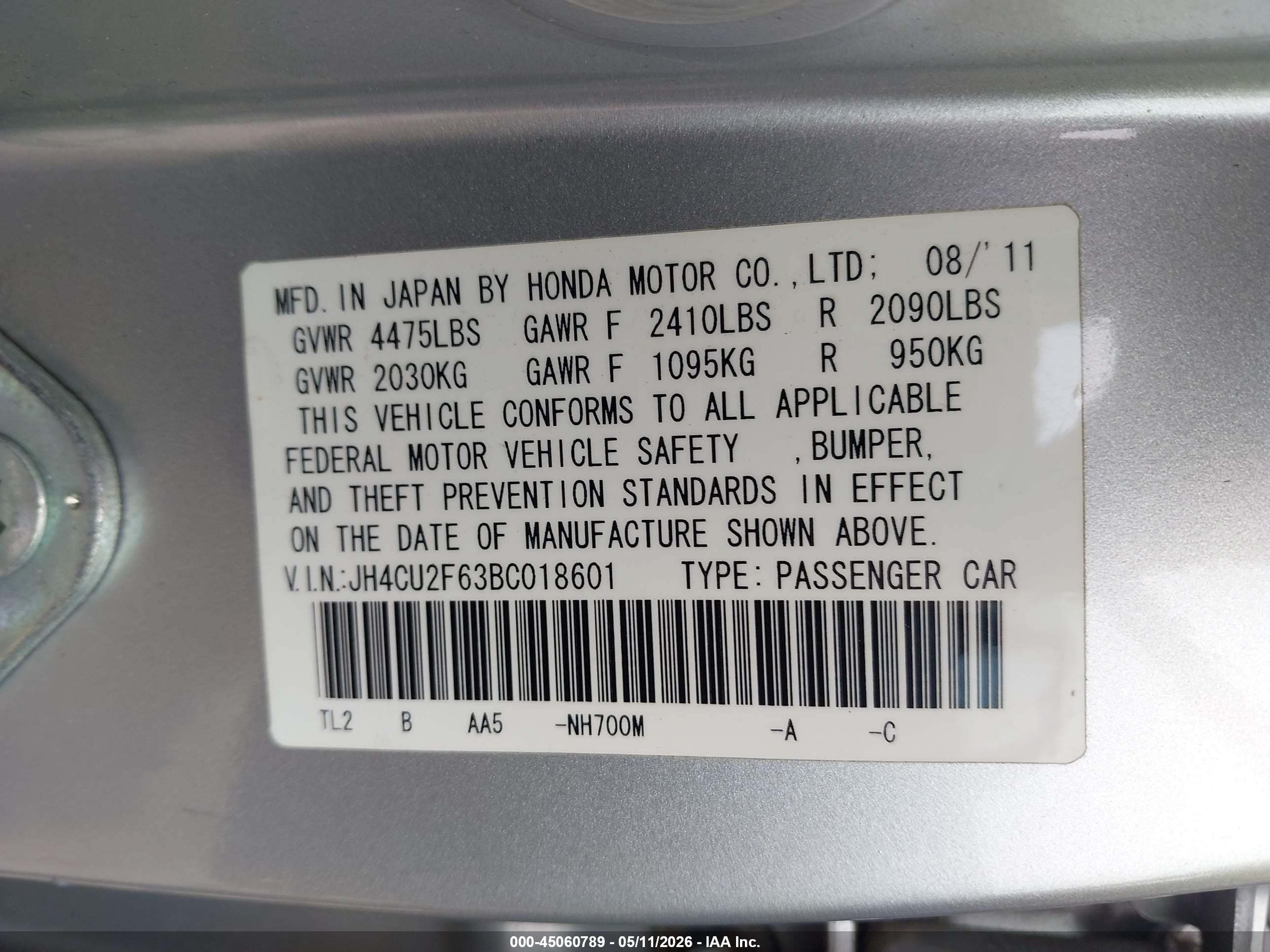 2011 Acura Tsx 2.4 Silver vin: JH4CU2F63BC018601