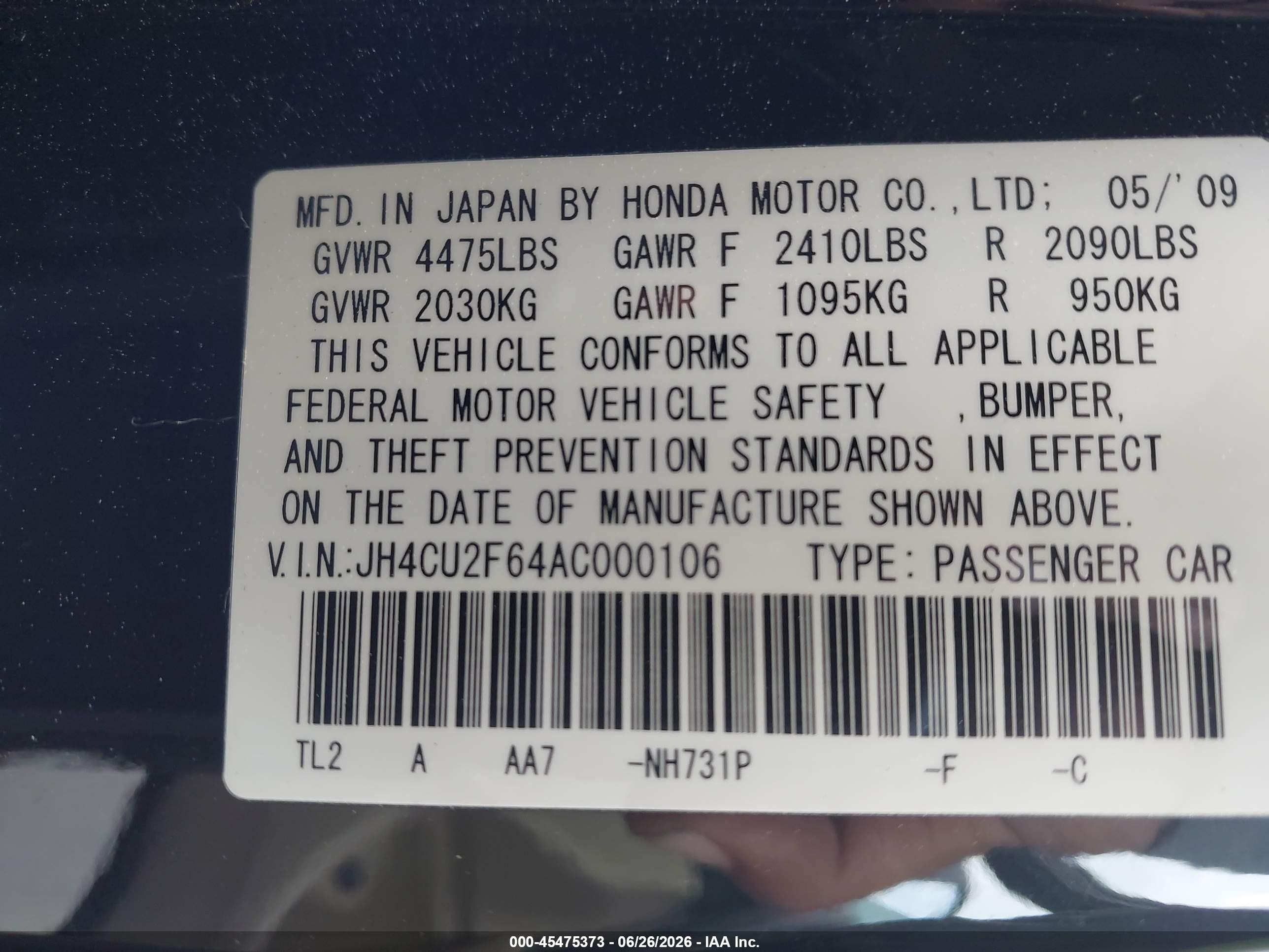 2010 Acura Tsx 2.4 Black vin: JH4CU2F64AC000106