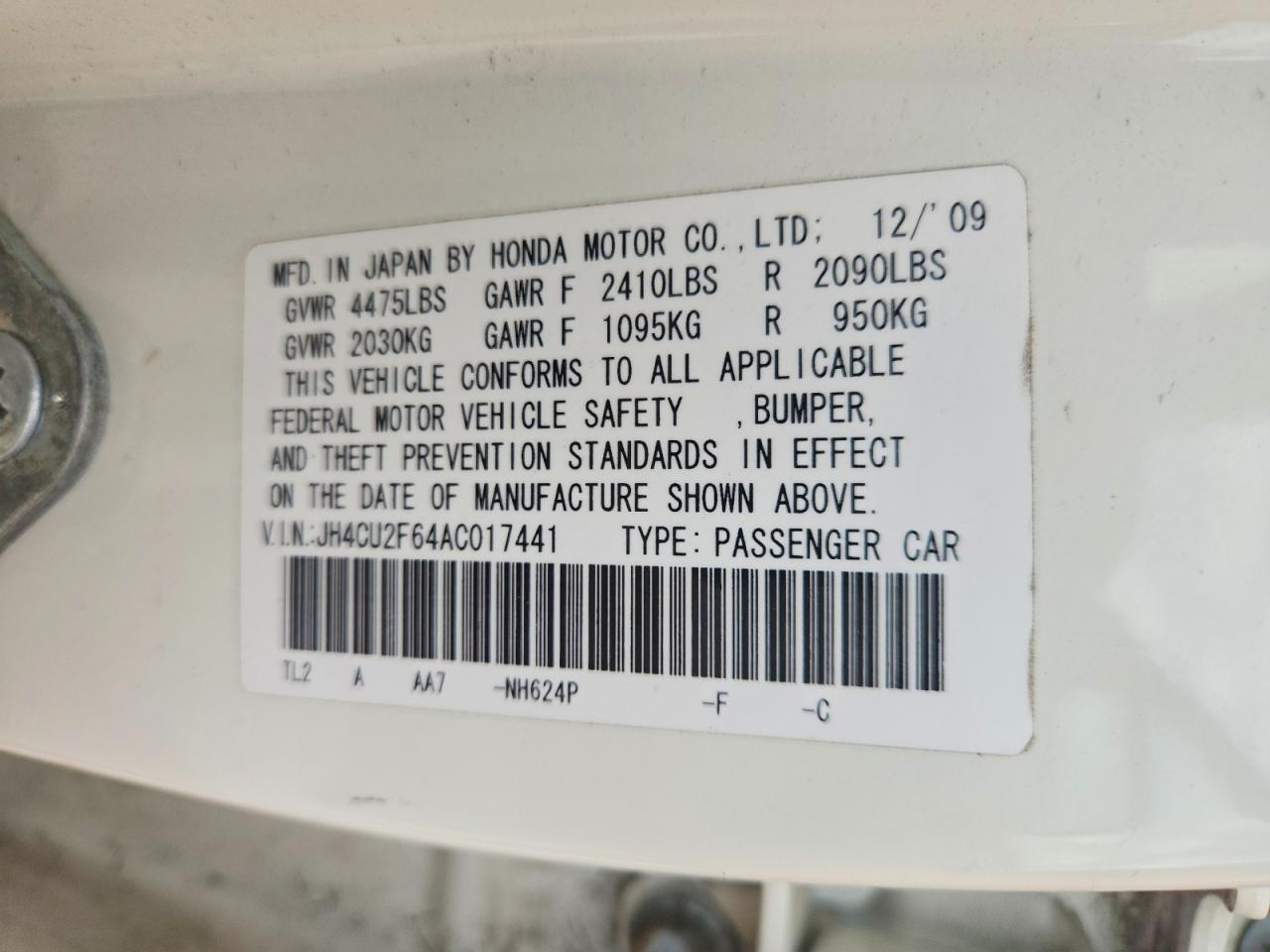 2010 Acura Tsx White vin: JH4CU2F64AC017441