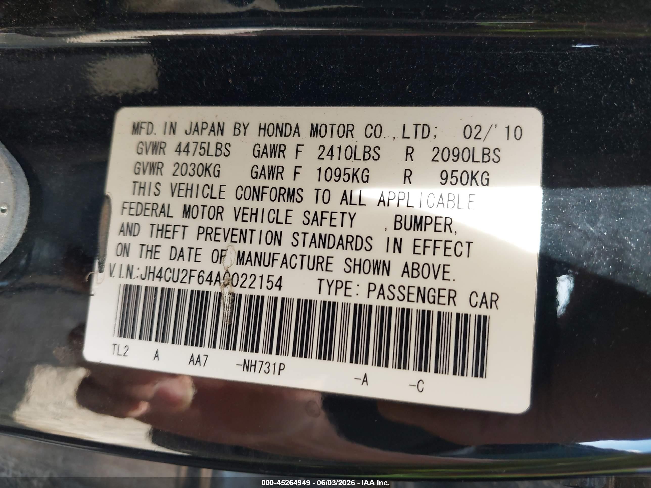 2010 Acura Tsx 2.4 Black vin: JH4CU2F64AC022154