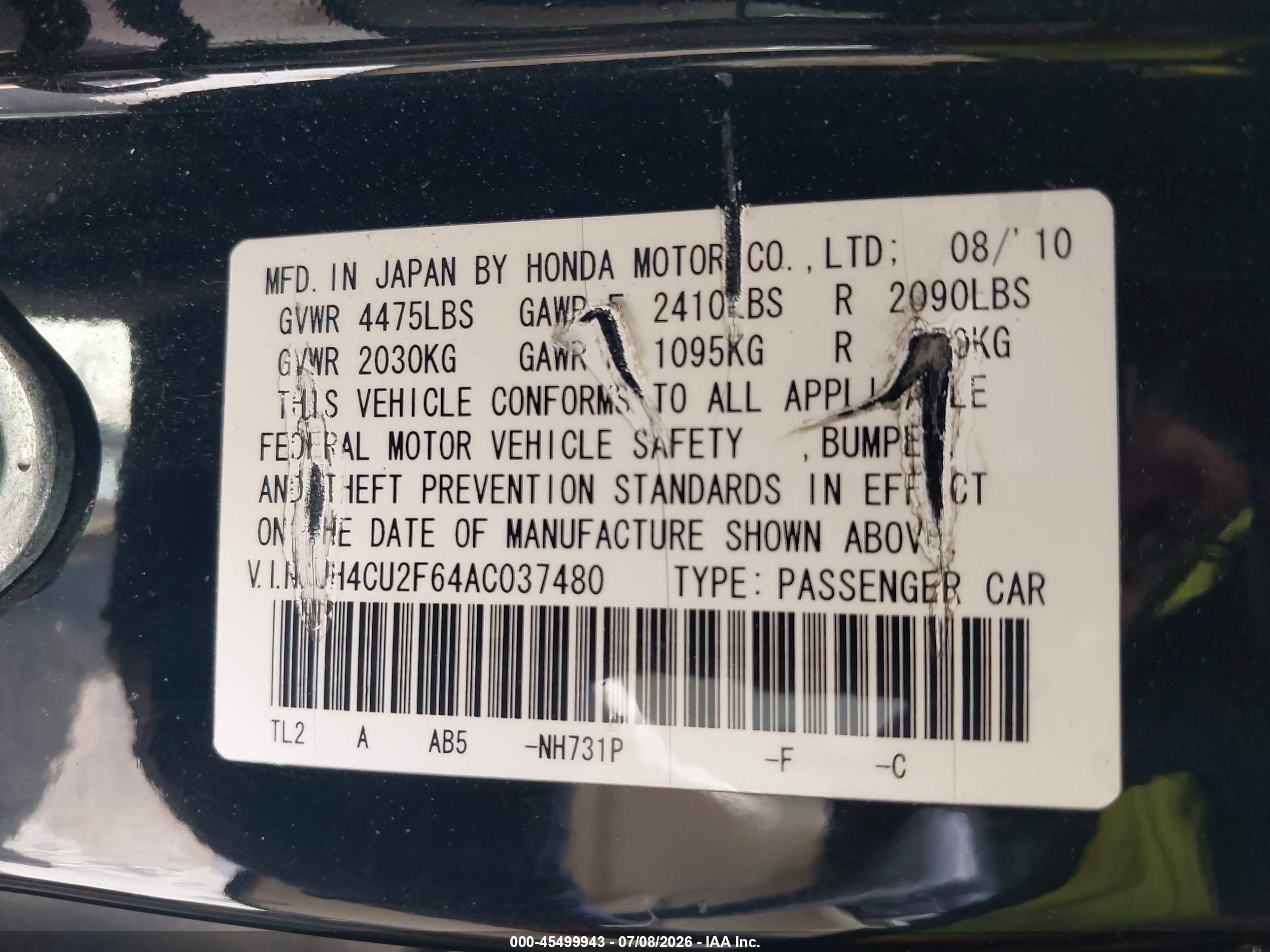 2010 Acura Tsx 2.4 Black vin: JH4CU2F64AC037480