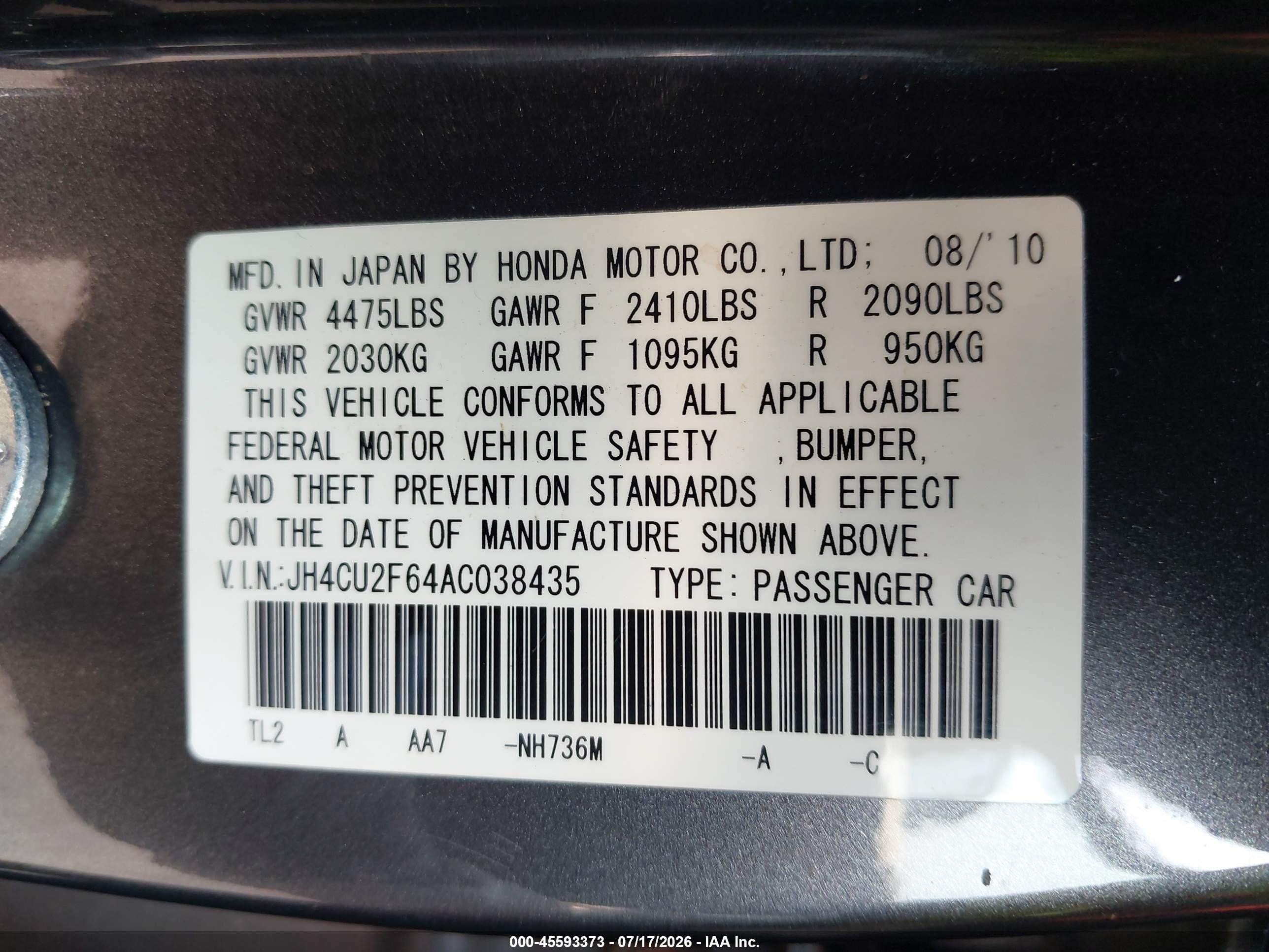 2010 Acura Tsx 2.4 Gray vin: JH4CU2F64AC038435