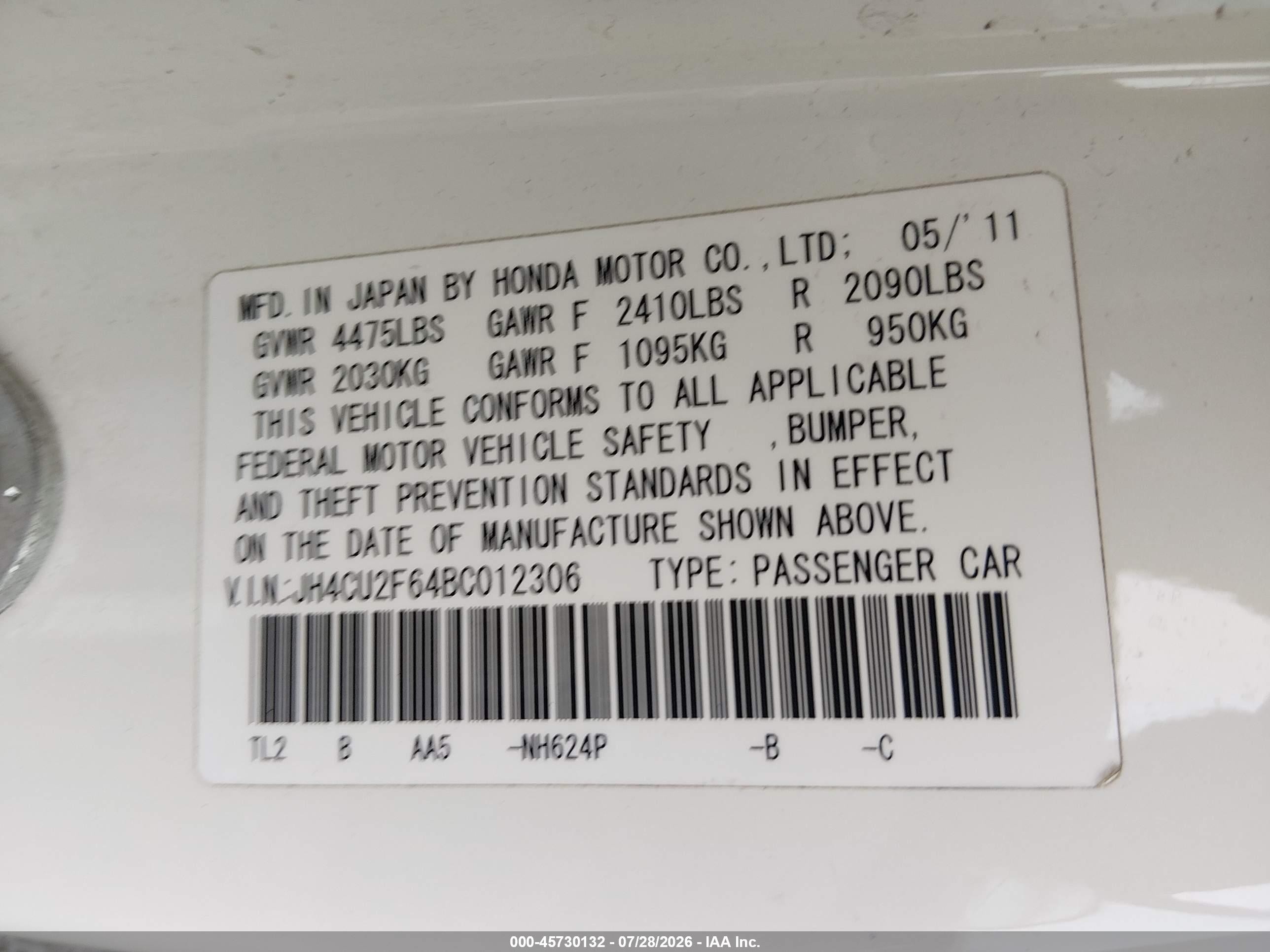 2011 Acura Tsx 2.4 White vin: JH4CU2F64BC012306