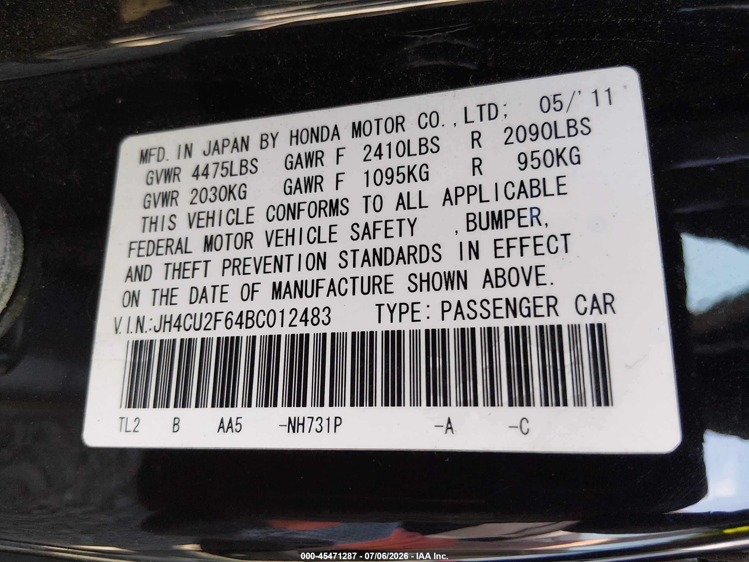 2011 Acura Tsx 2.4 Black vin: JH4CU2F64BC012483