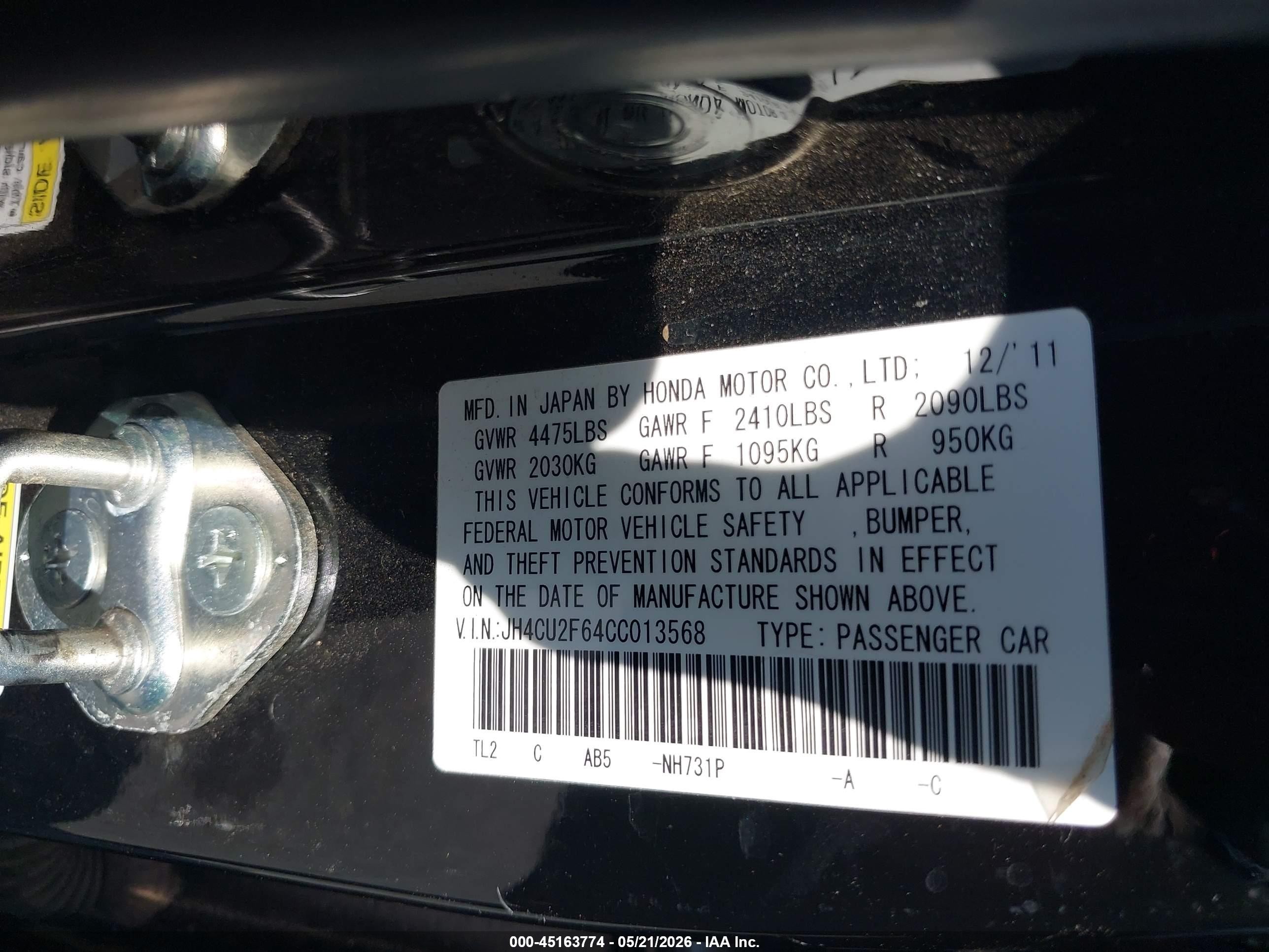 2012 Acura Tsx 2.4 Black vin: JH4CU2F64CC013568