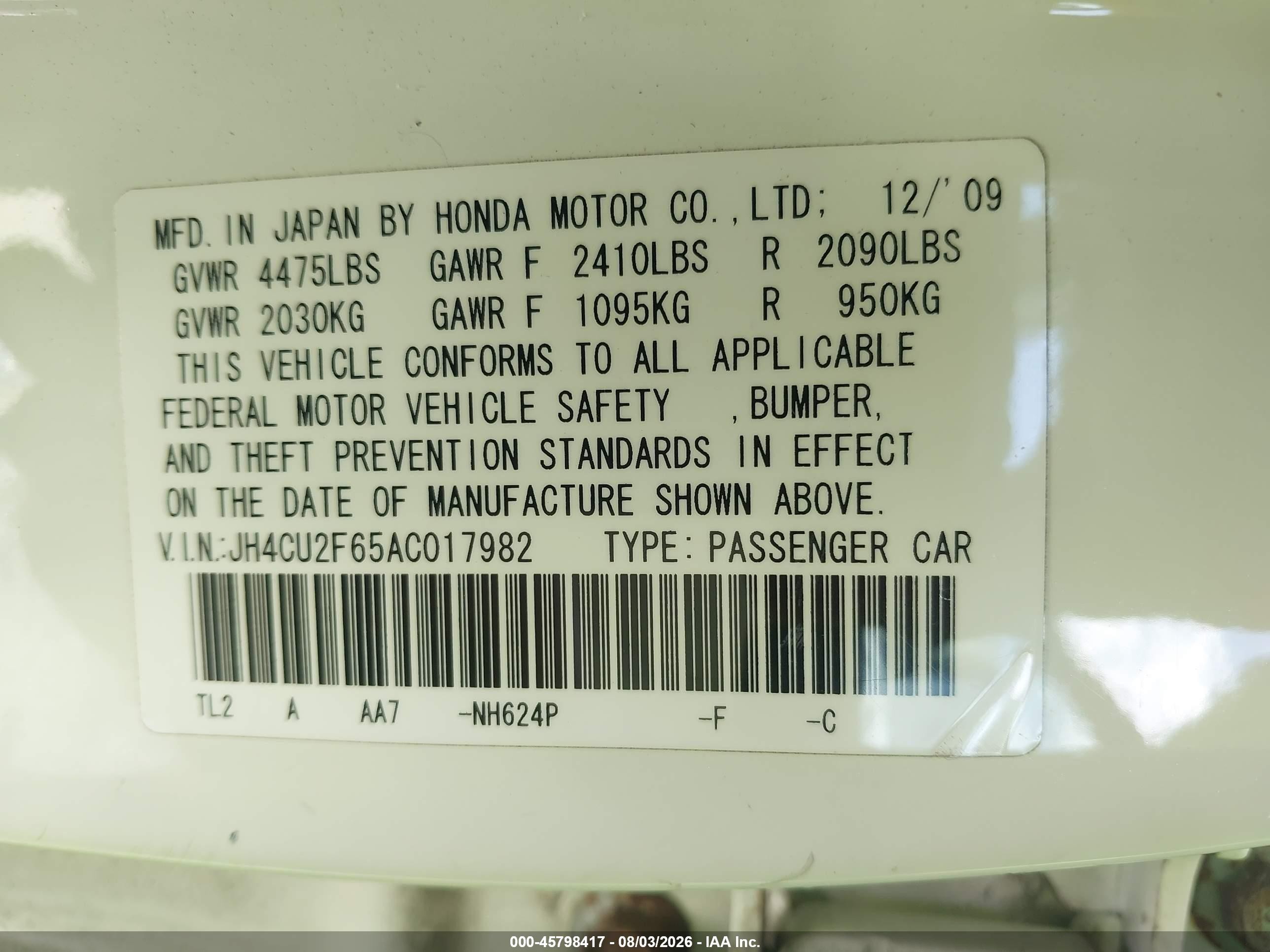 2010 Acura Tsx 2.4 White vin: JH4CU2F65AC017982