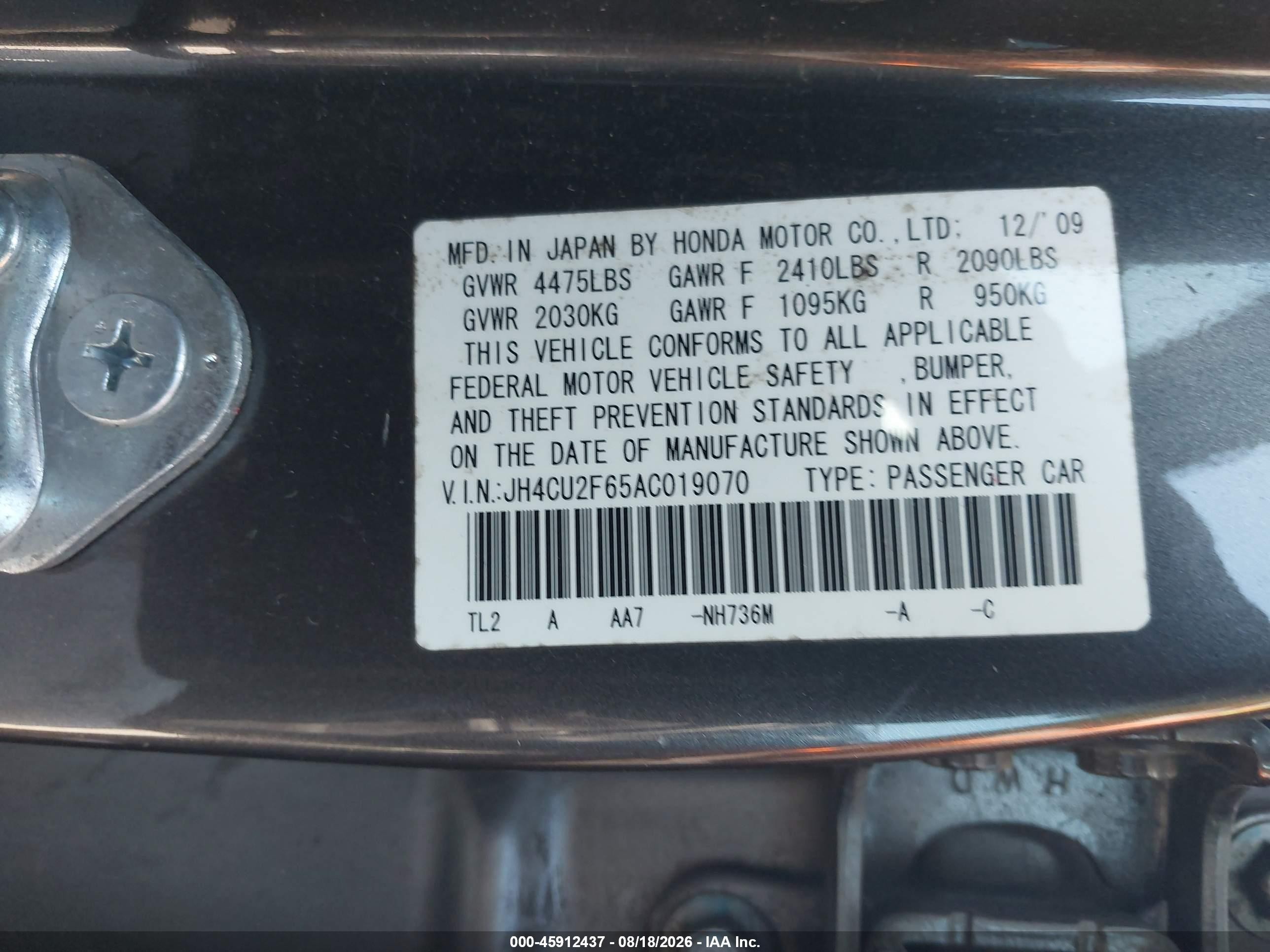 2010 Acura Tsx 2.4 Gray vin: JH4CU2F65AC019070