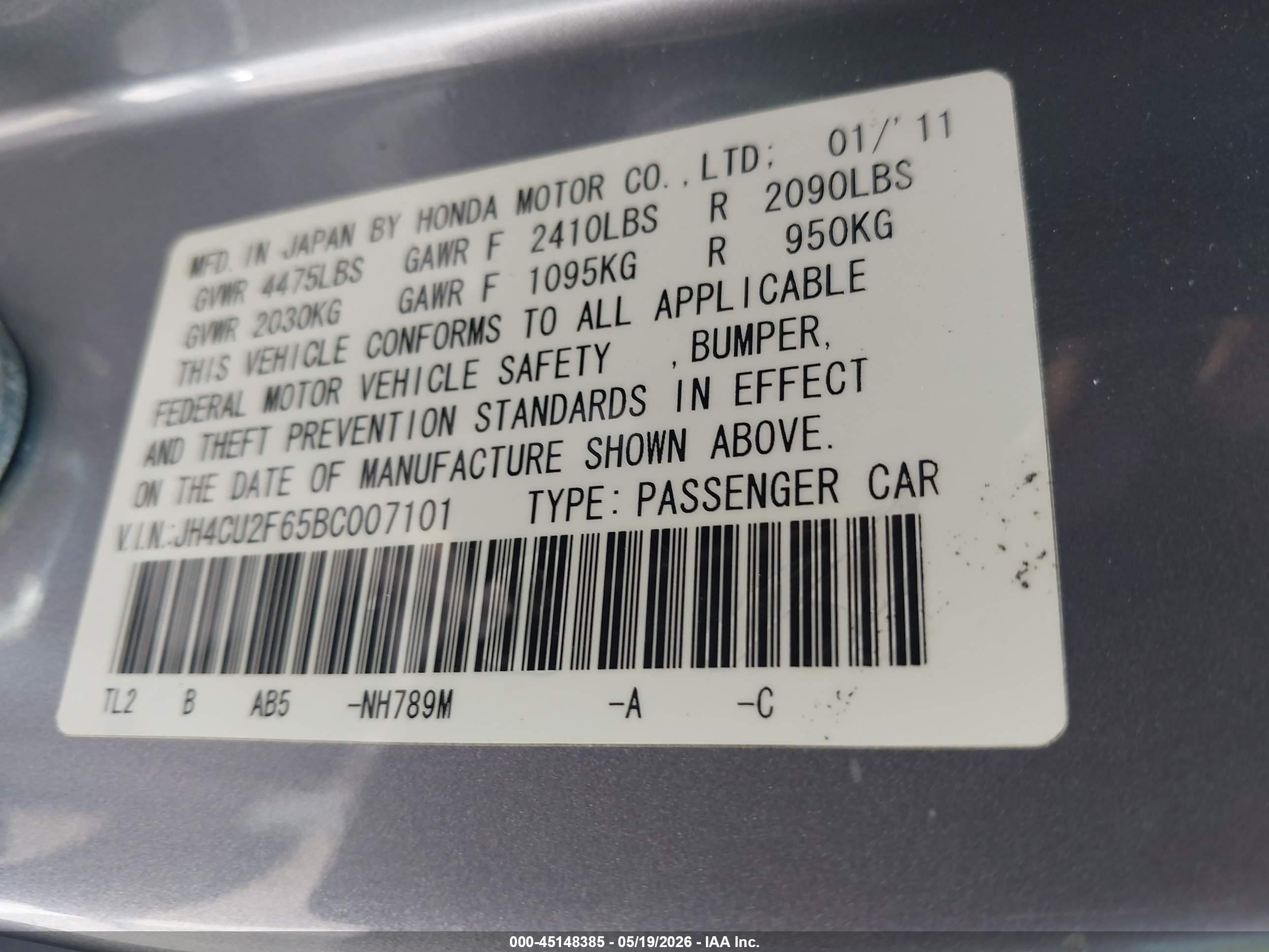 2011 Acura Tsx 2.4 Gray vin: JH4CU2F65BC007101
