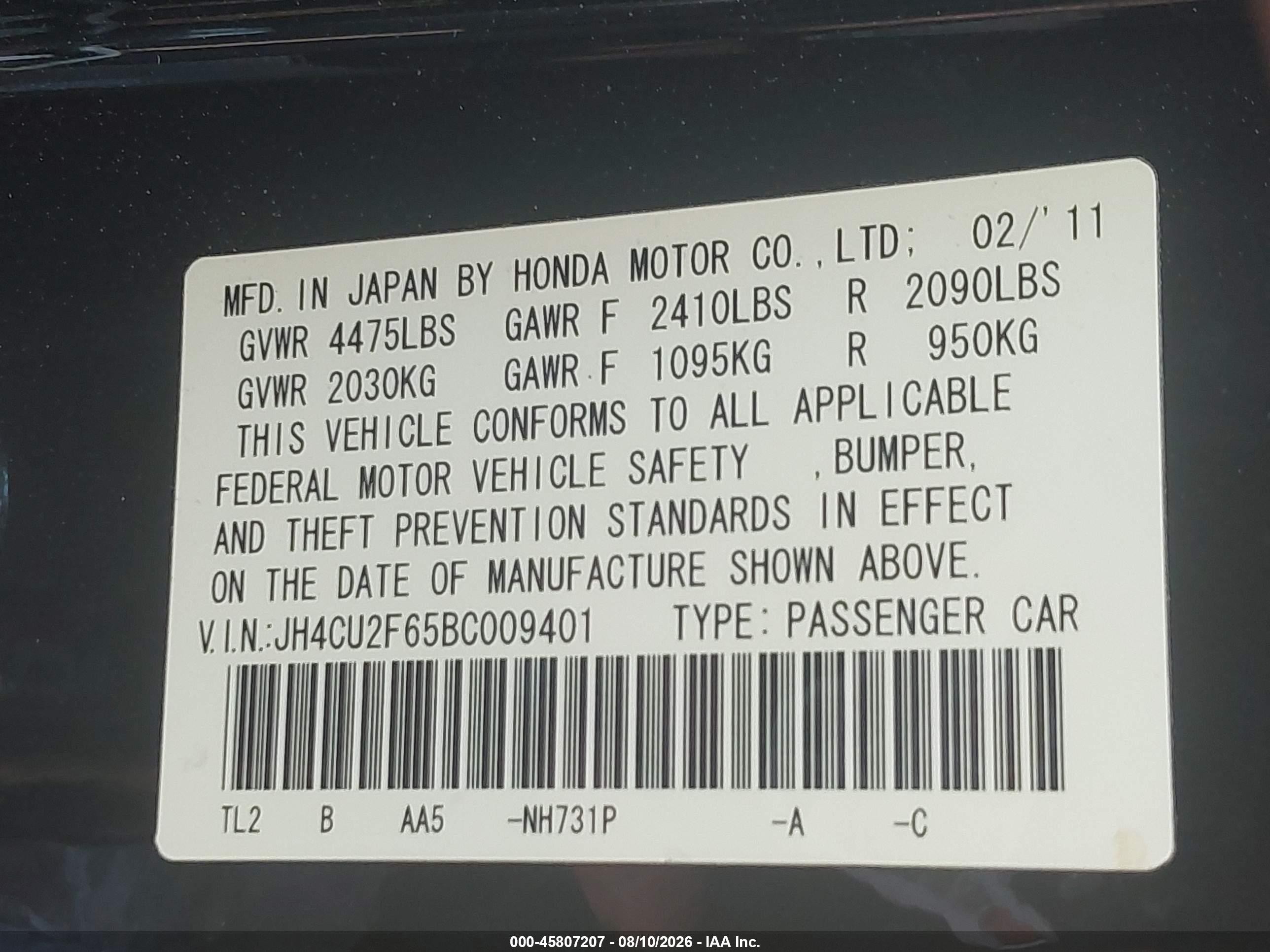2011 Acura Tsx 2.4 Black vin: JH4CU2F65BC009401
