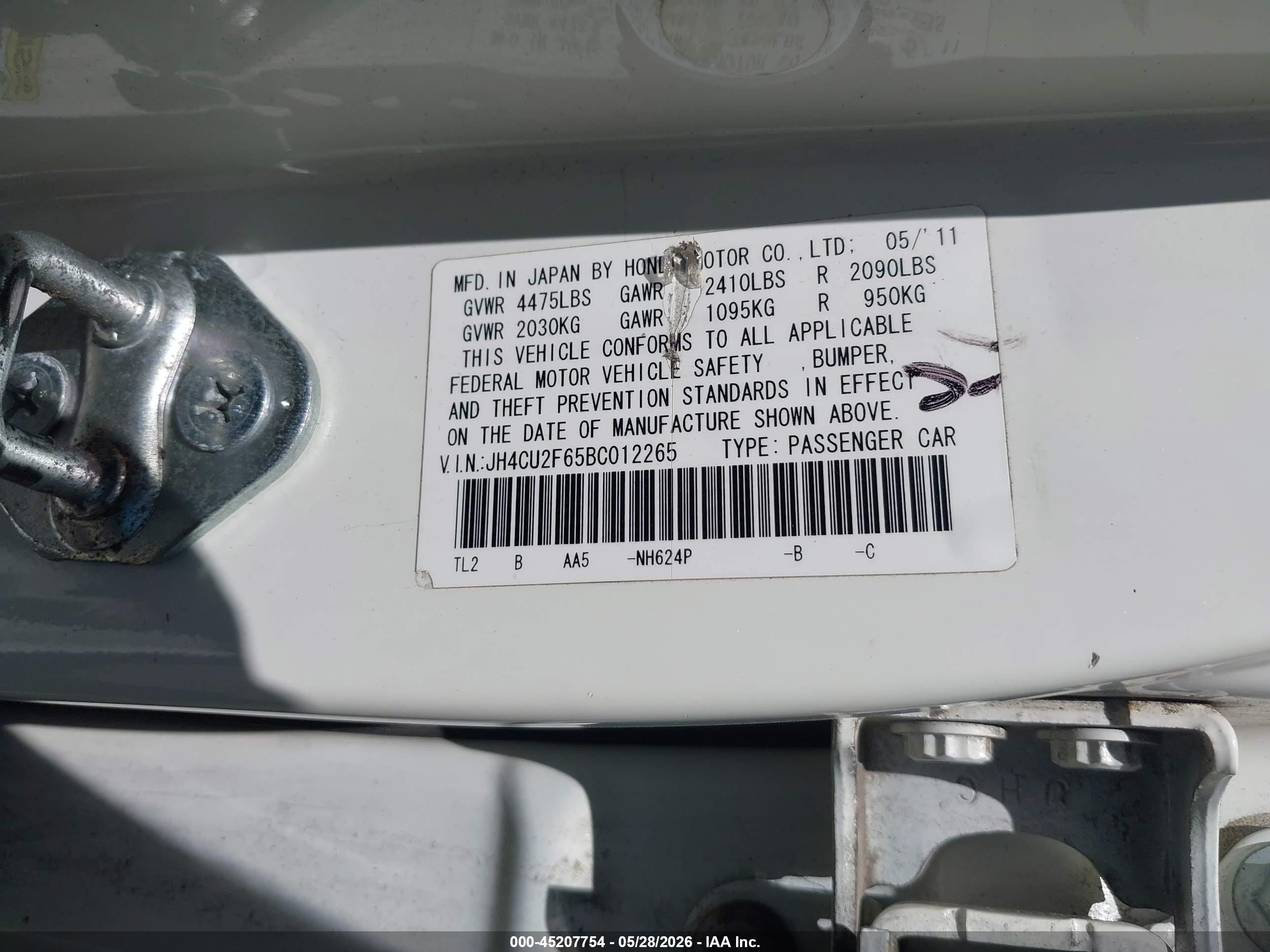 2011 Acura Tsx 2.4 White vin: JH4CU2F65BC012265